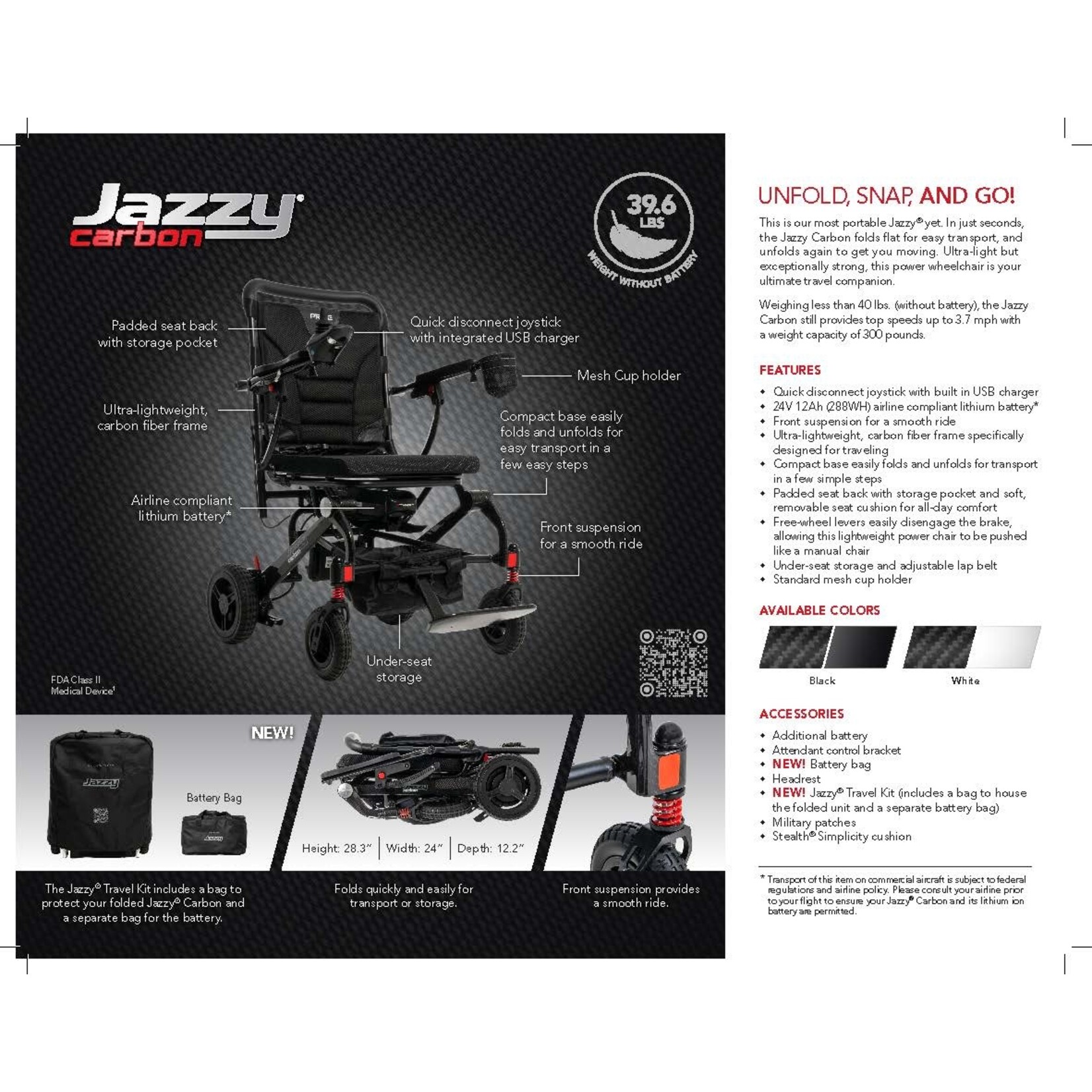 Pride Jazzy Carbon, Black, with 17” x 17” Foam Seat, 12 Ah Lithium-ion Battery Electric Wheelchair