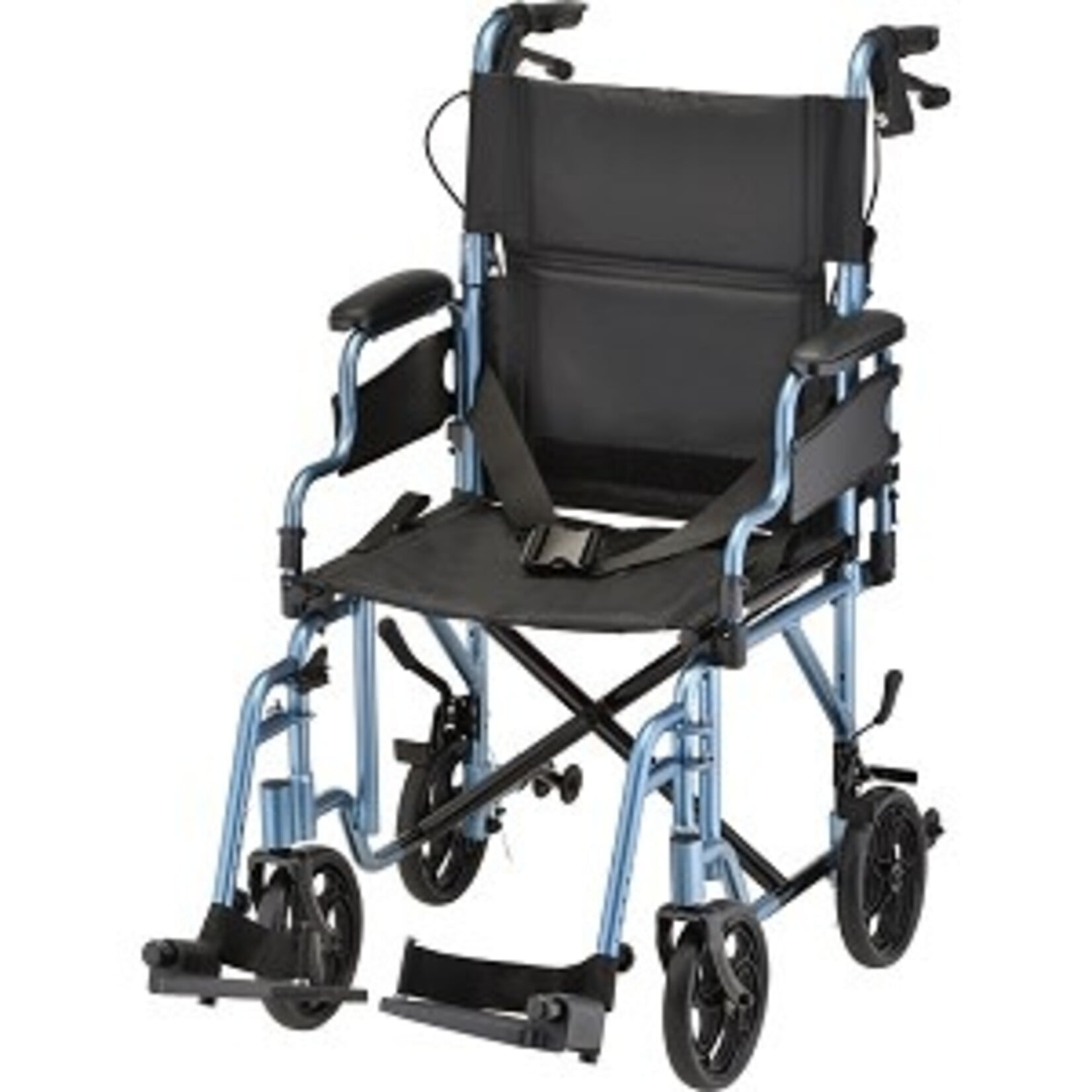 Nova Lightweight Transport Chair with Locking Hand Brakes, Flip Up Arms and Anti-Tippers Blue