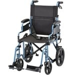 Nova LIGHTWEIGHT TRANSPORT CHAIR WITH 12" REAR WHEELS, LOCKING HAND BRAKES, FLIP UP DESK ARMS BLUE