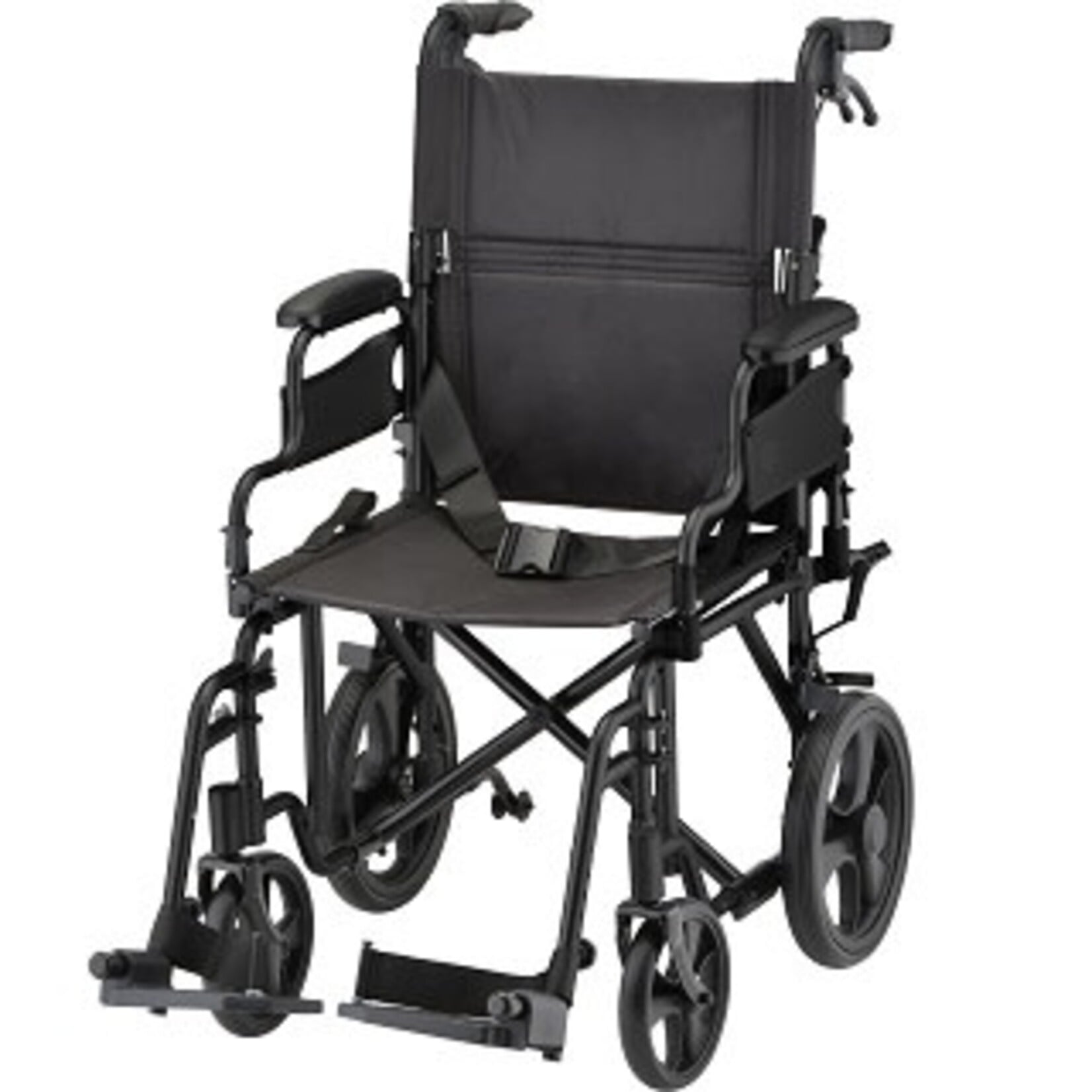 Nova LIGHTWEIGHT TRANSPORT CHAIR WITH 12" REAR WHEELS, LOCKING HAND BRAKES, FLIP UP DESK ARMS BLACK