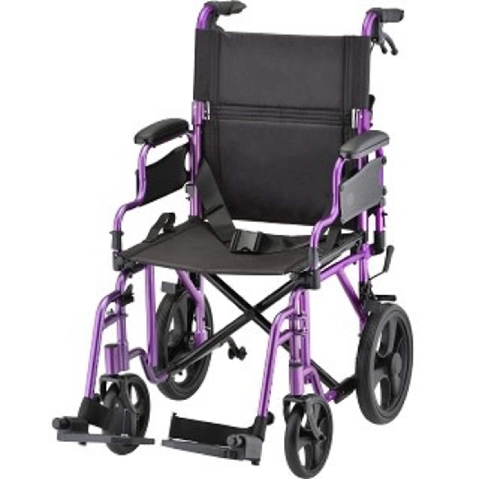 Nova LIGHTWEIGHT TRANSPORT CHAIR WITH 12" REAR WHEELS, LOCKING HAND BRAKES, FLIP UP DESK ARMS PURPLE