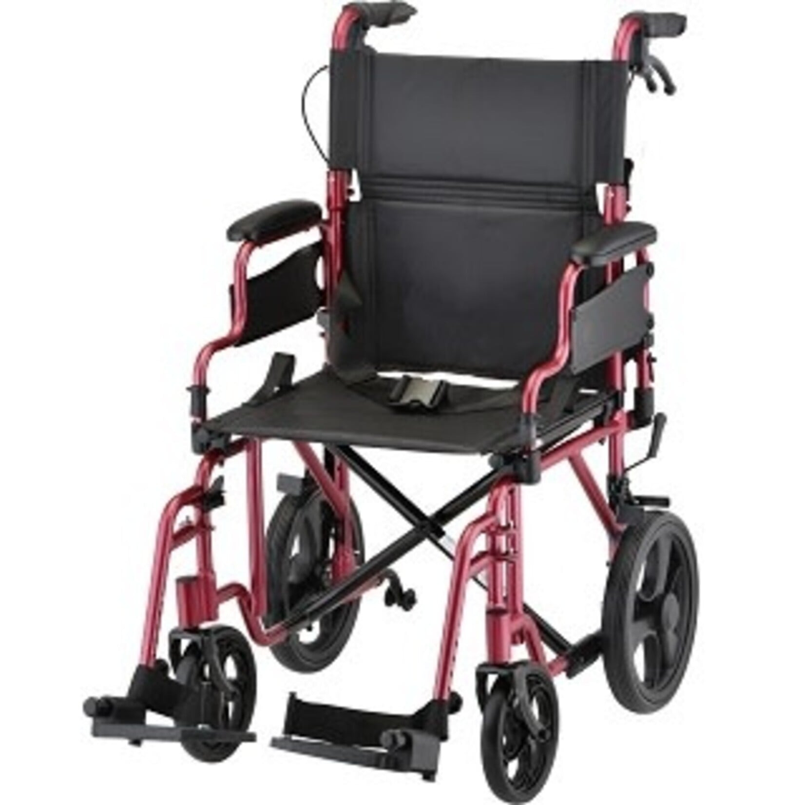 Nova LIGHTWEIGHT TRANSPORT CHAIR WITH 12" REAR WHEELS, LOCKING HAND BRAKES, FLIP UP DESK ARMS RED