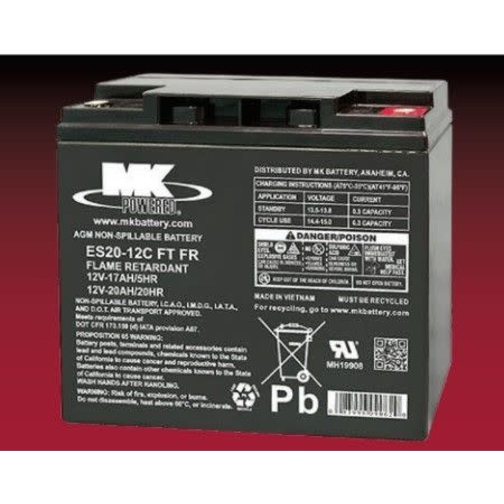 MK Battery 12v 20ah Battery, Flat Top - SLA