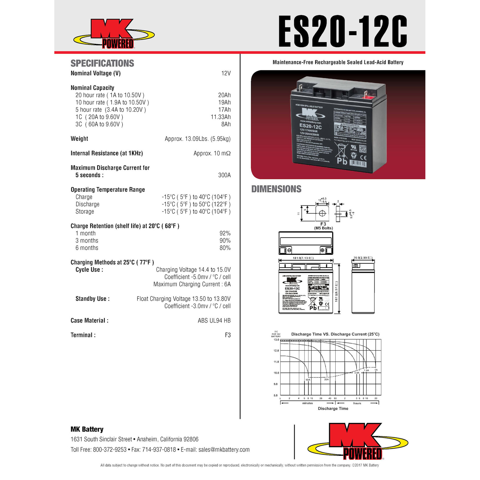 MK Battery 12v 20ah Battery - SLA