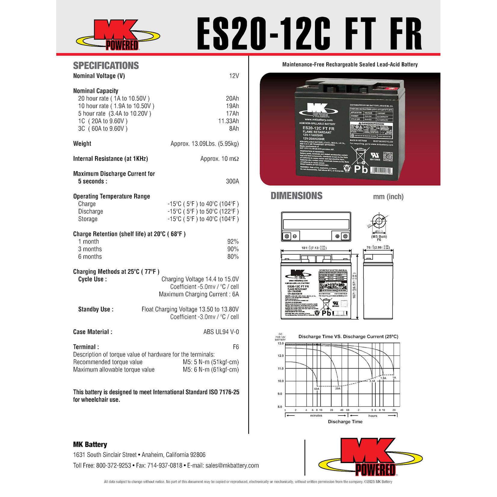 MK Battery 12v 20ah Battery, Flat Top - SLA