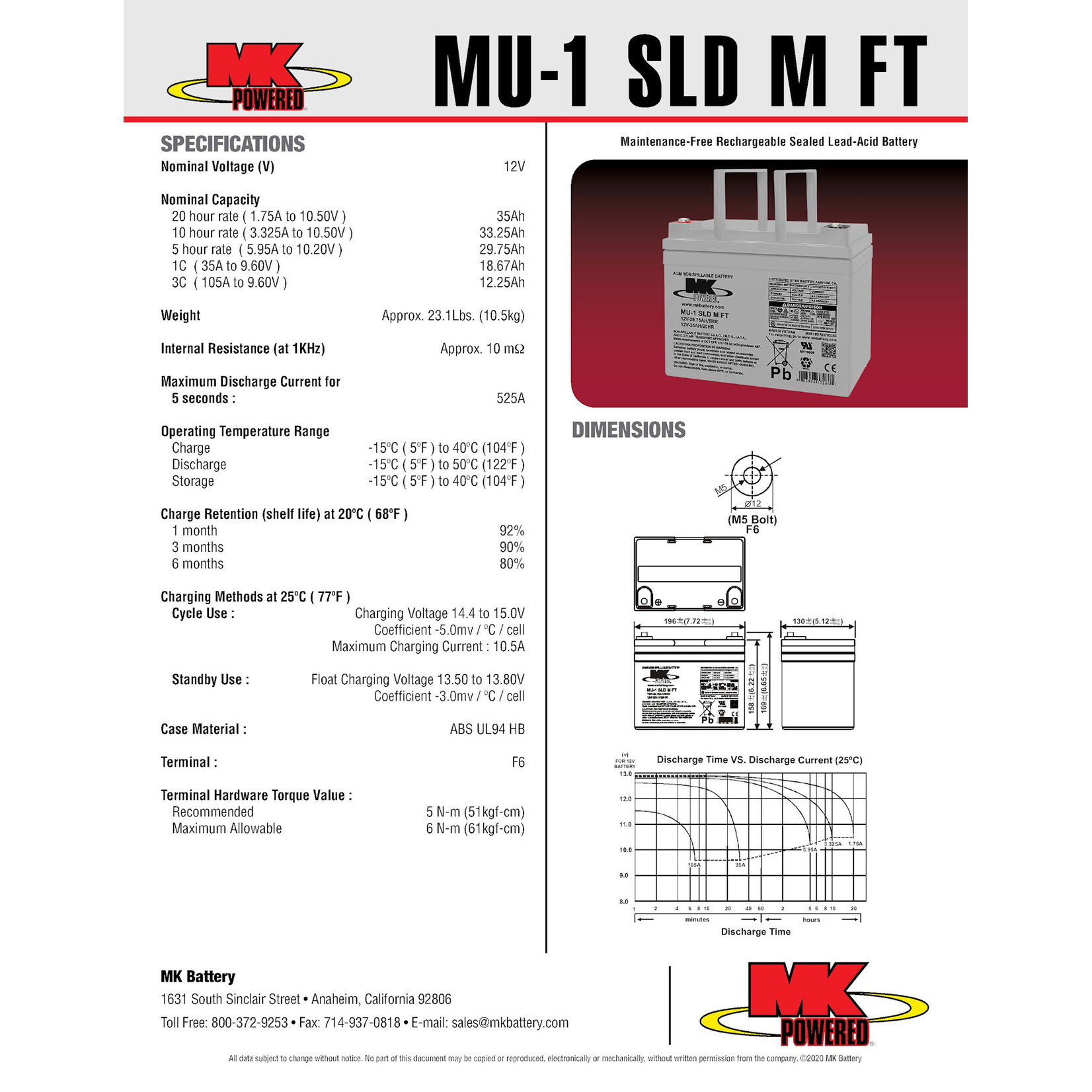 MK Battery 12v 35ah Battery, Flat Top - U1 SLA
