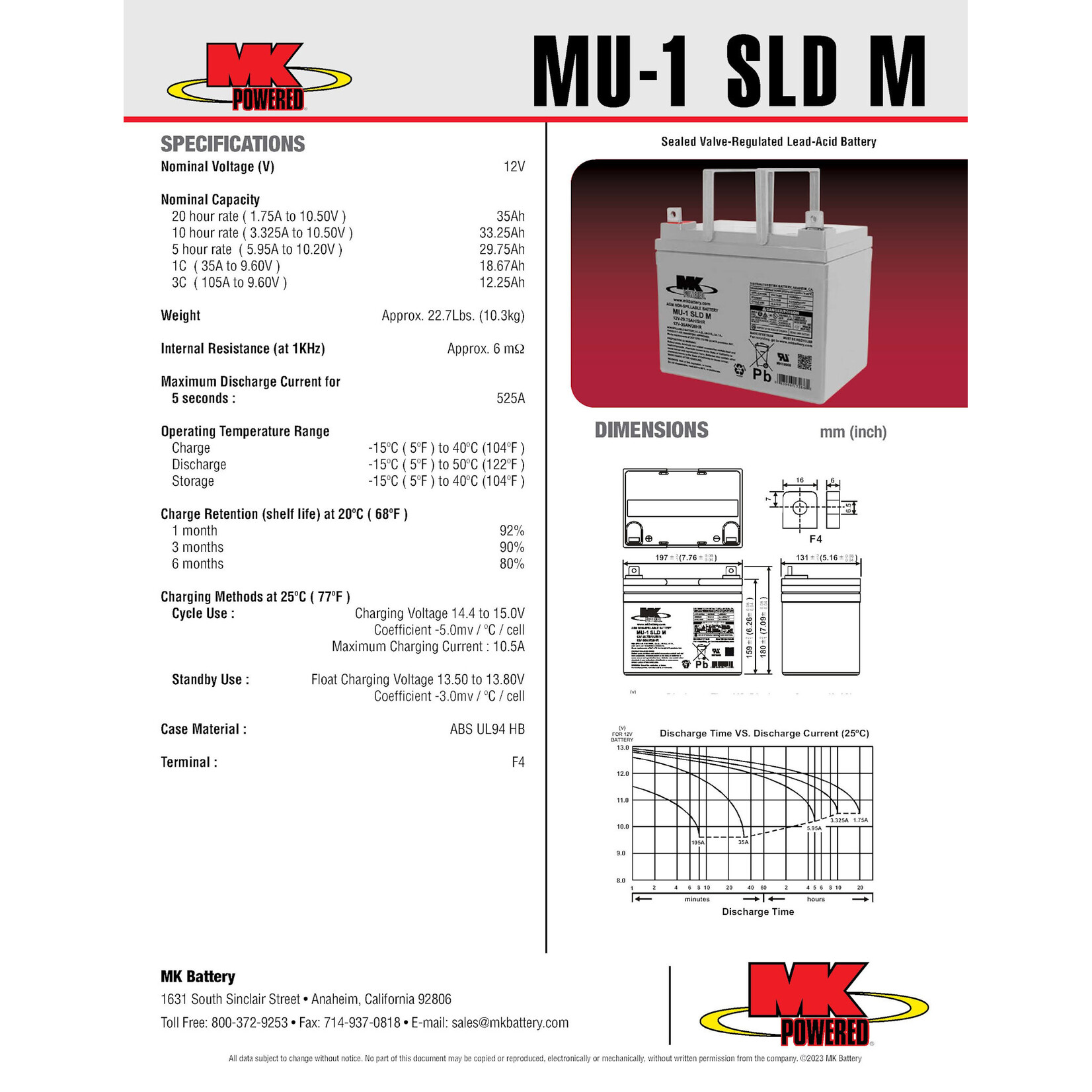 MK Battery 12v 35ah Battery - U1 SLA