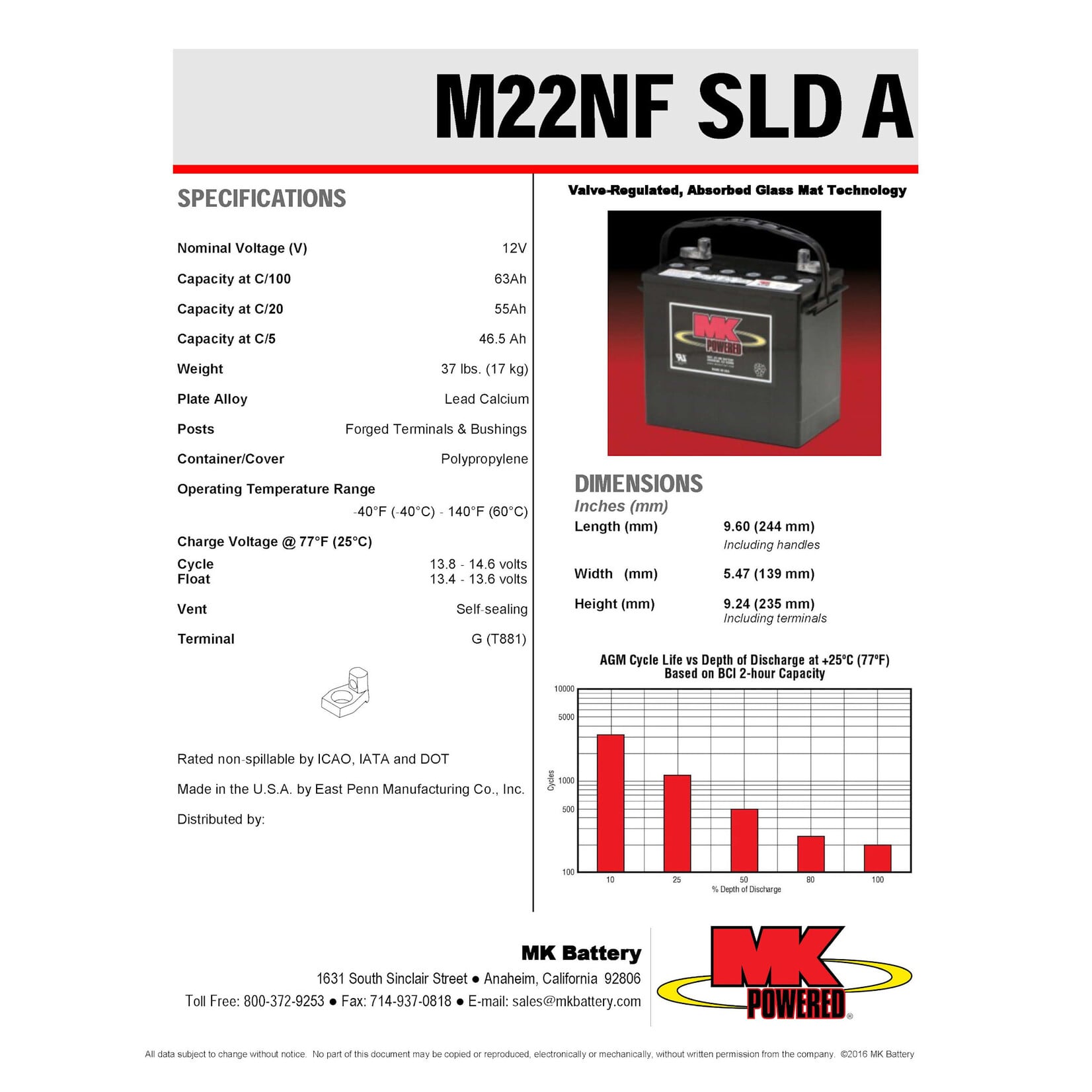 MK Battery 12v 55ah Battery - 22NF AGM