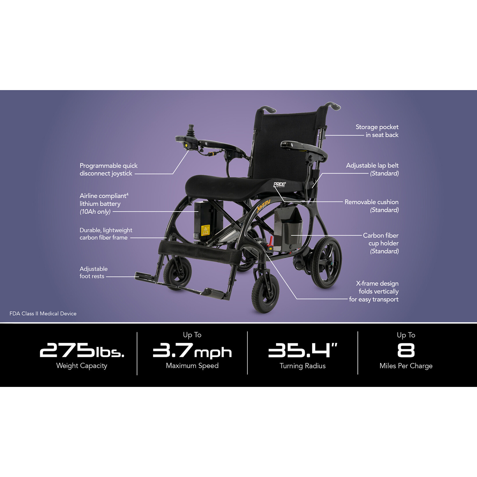 Pride Jazzy Carbon 27X, Black, with 18” x 18” Foam Seat, 10 Ah Lithium-ion Battery Electric Wheelchair