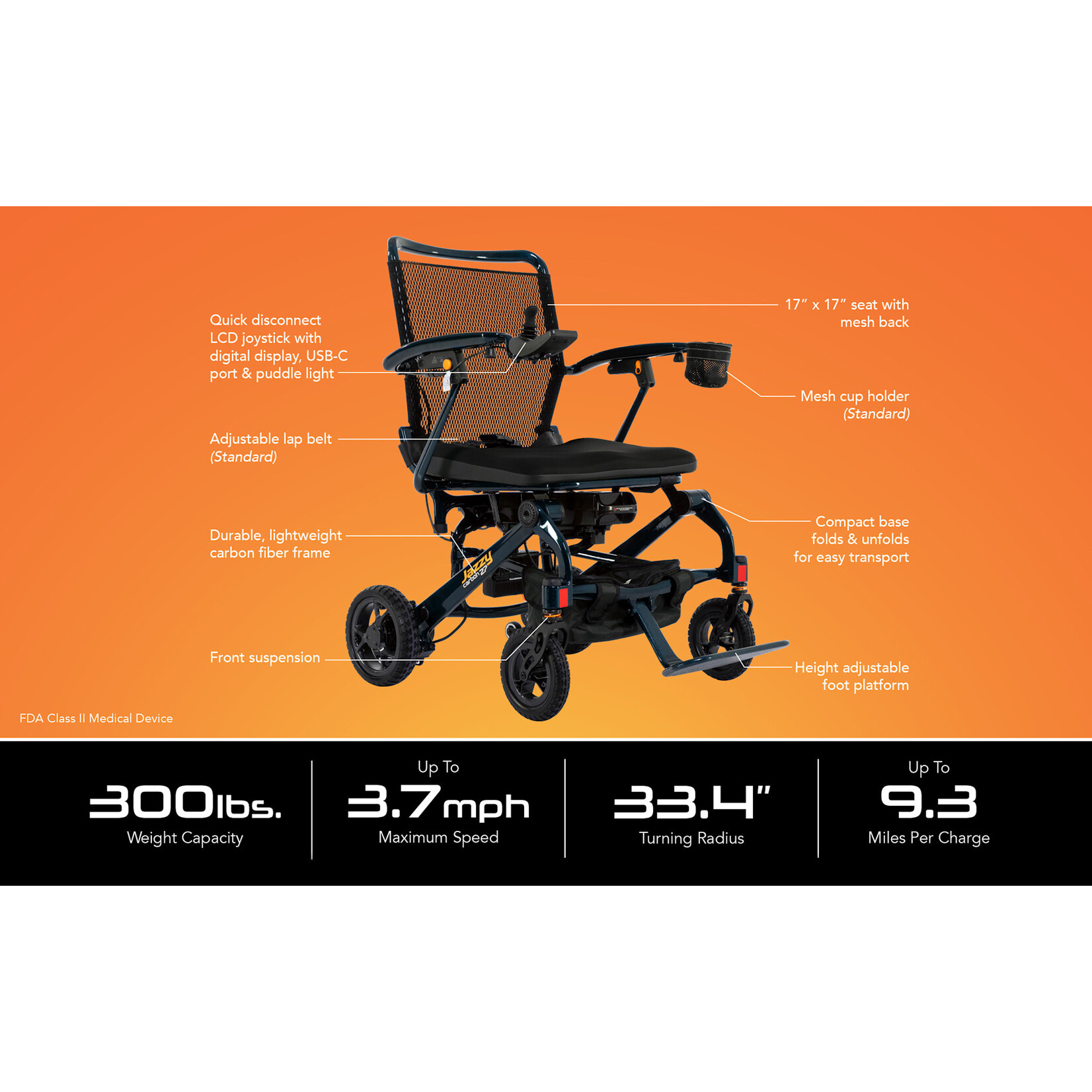 Pride Jazzy Carbon 27, Night Sky, with 17” x 17” Foam Seat, 12 Ah Lithium-ion Battery Electric Wheelchair