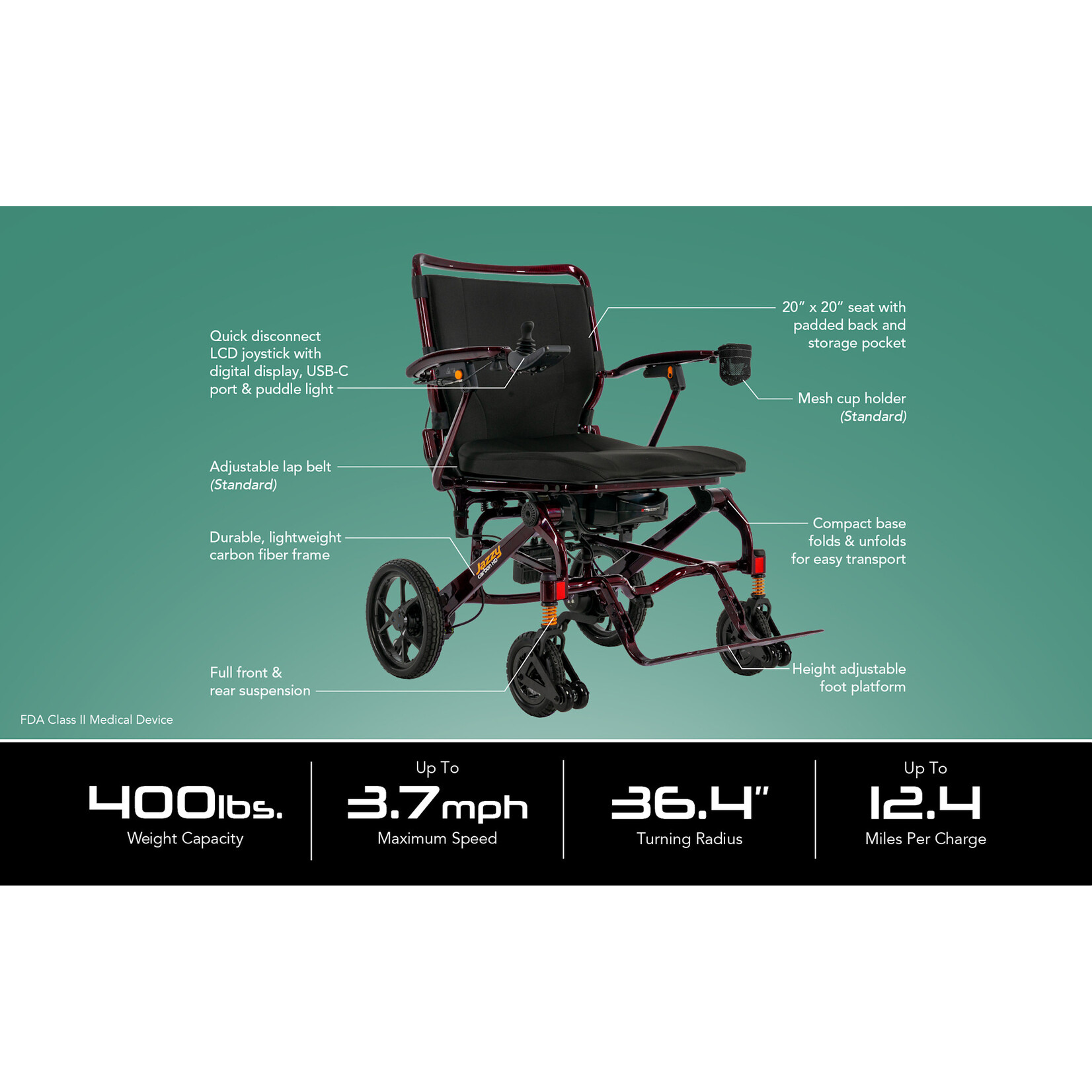 Pride Jazzy Carbon HD, Night Sky, with 20” x 20” Foam Seat, 20 Ah Lithium-ion Battery Heavy Duty Electric Wheelchair