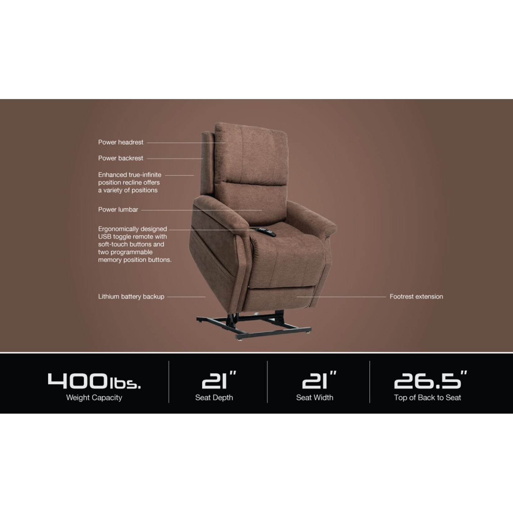 Pride VivaLift Metro 2 Lift Chair, Medium, Brown