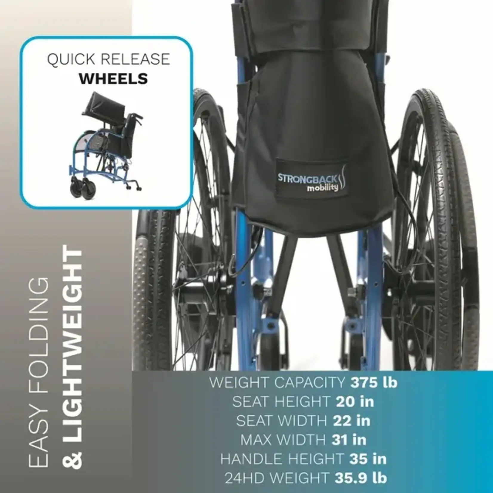 Strongback Mobitlity USA Heavy Duty Wheelchair HD - 22"