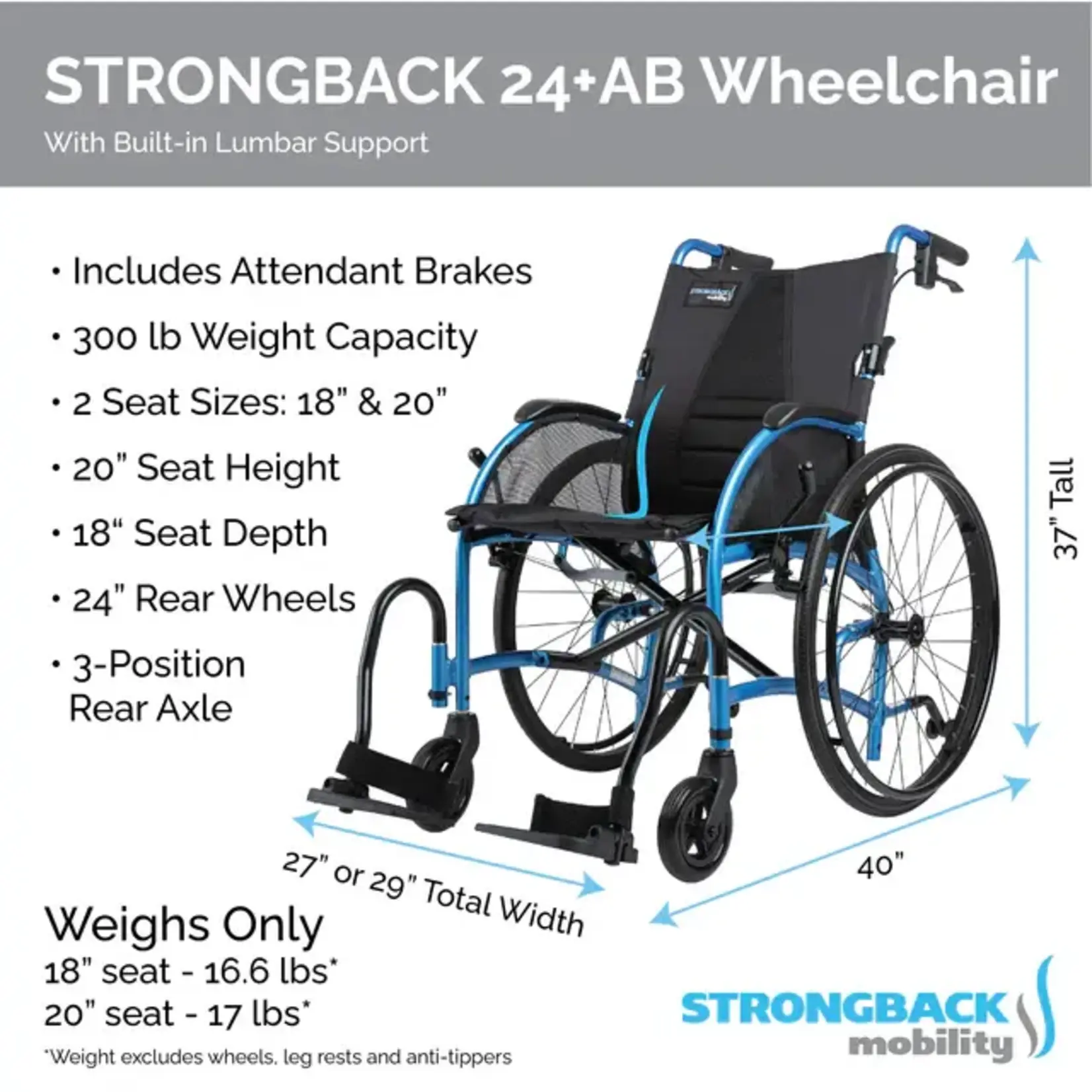 Strongback Mobitlity USA Lightweight Wheelchair Comfort L with Attendant Brakes - 20"