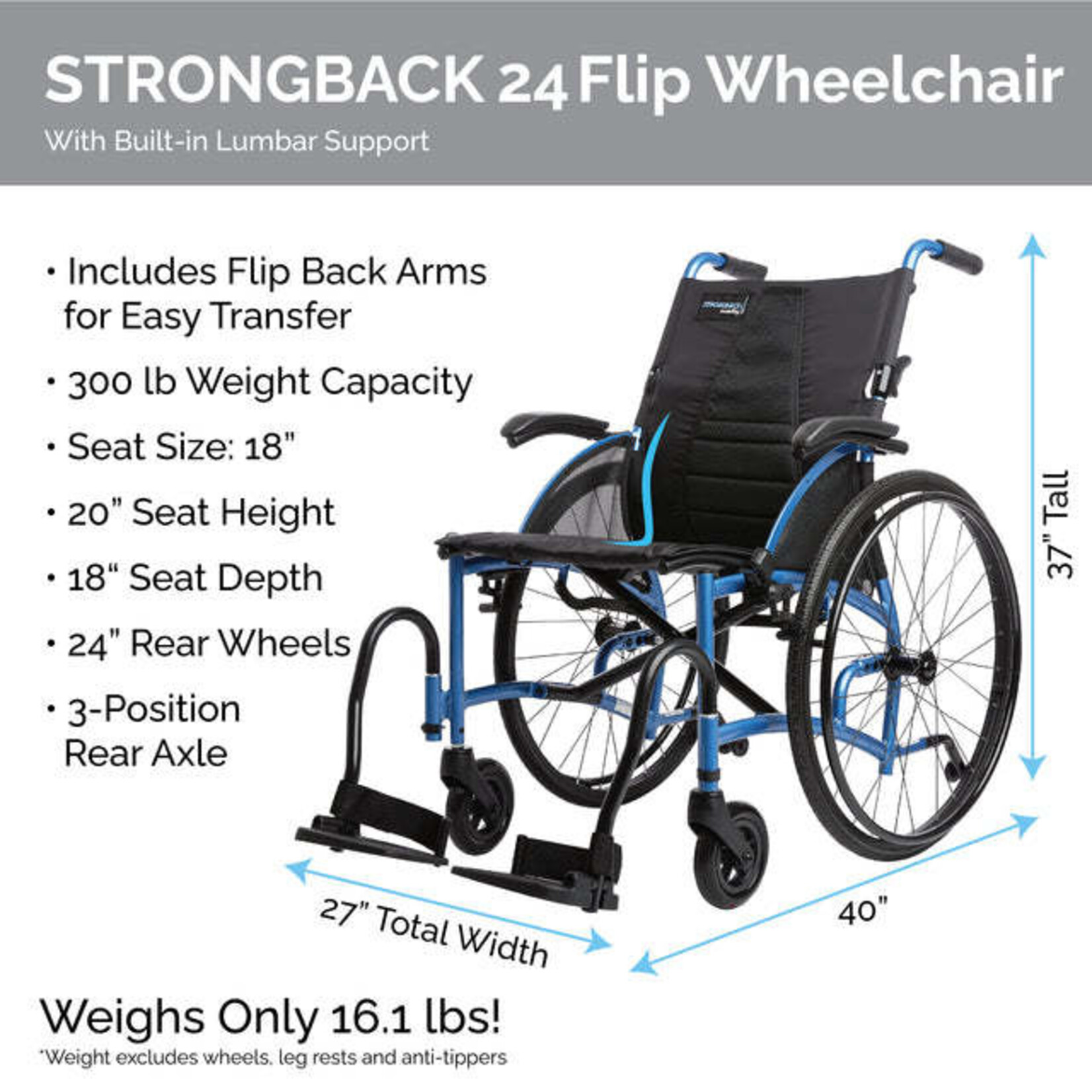 Strongback Mobitlity USA Lightweight Wheelchair Comfort Flip - 18"