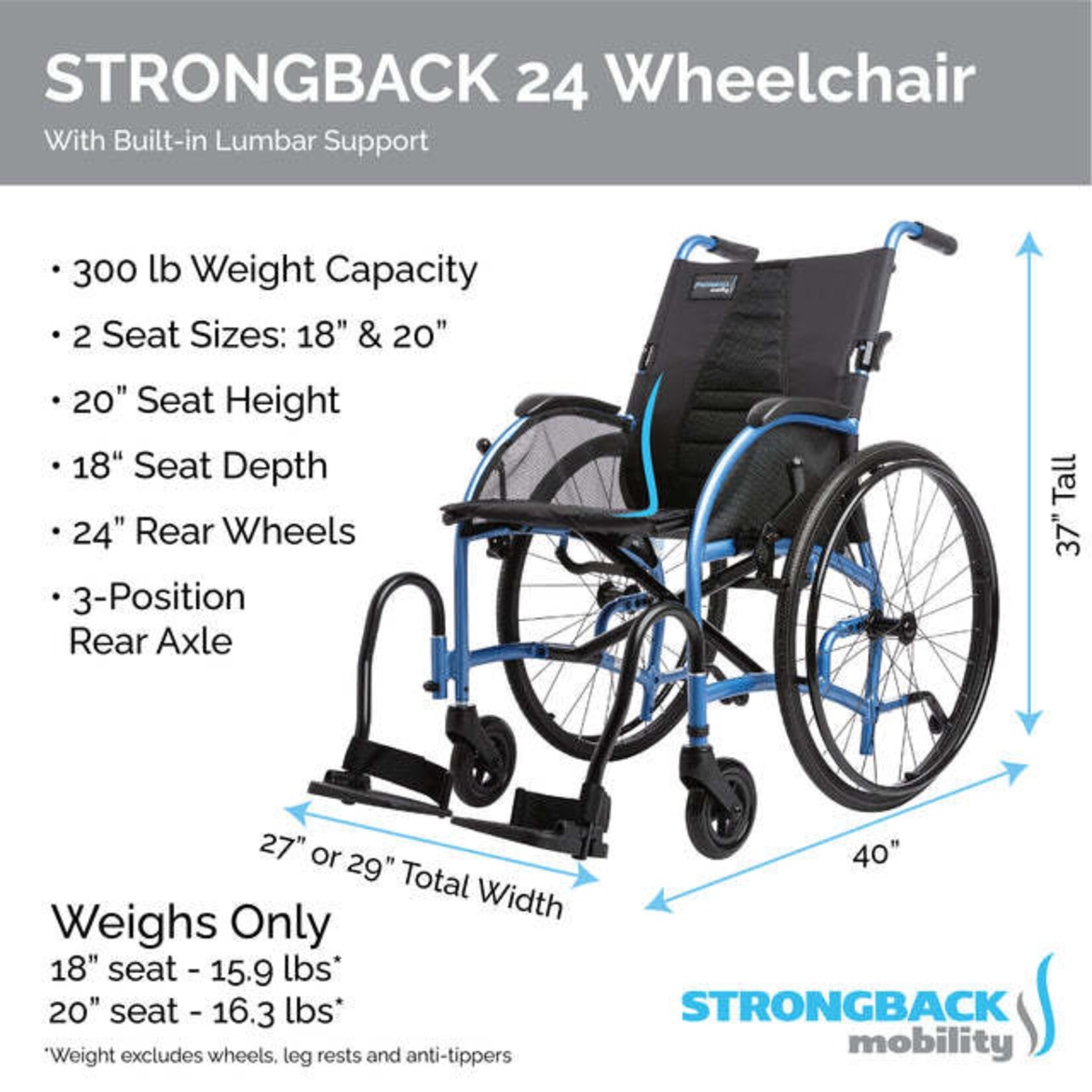 Strongback Mobitlity USA Lightweight Wheelchair Comfort M - 18"