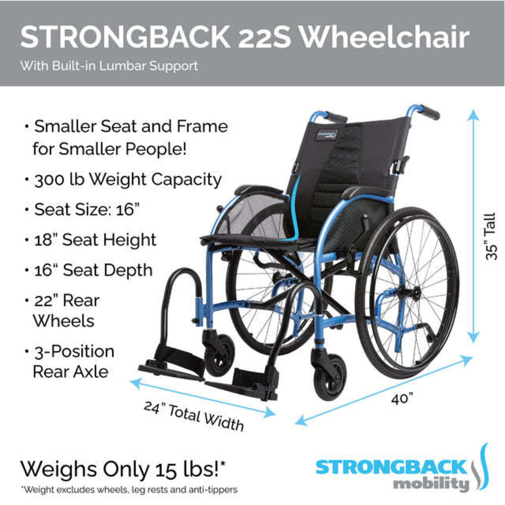 Strongback Mobitlity USA Lightweight Wheelchair Comfort S - 16"