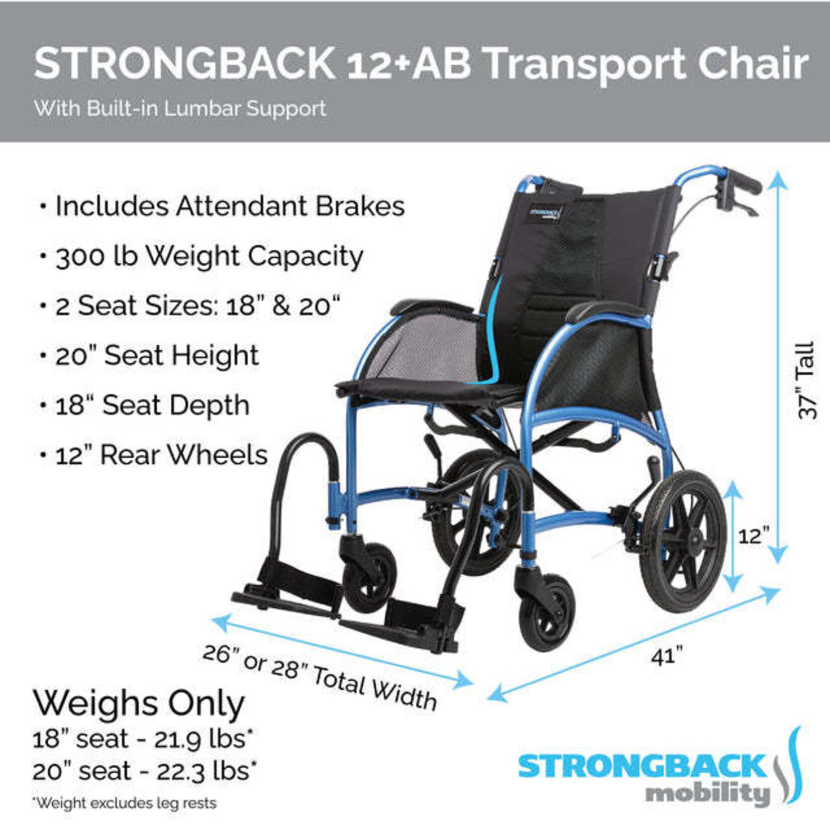 Strongback Mobitlity USA Transport Wheelchair Excursion M - 18"