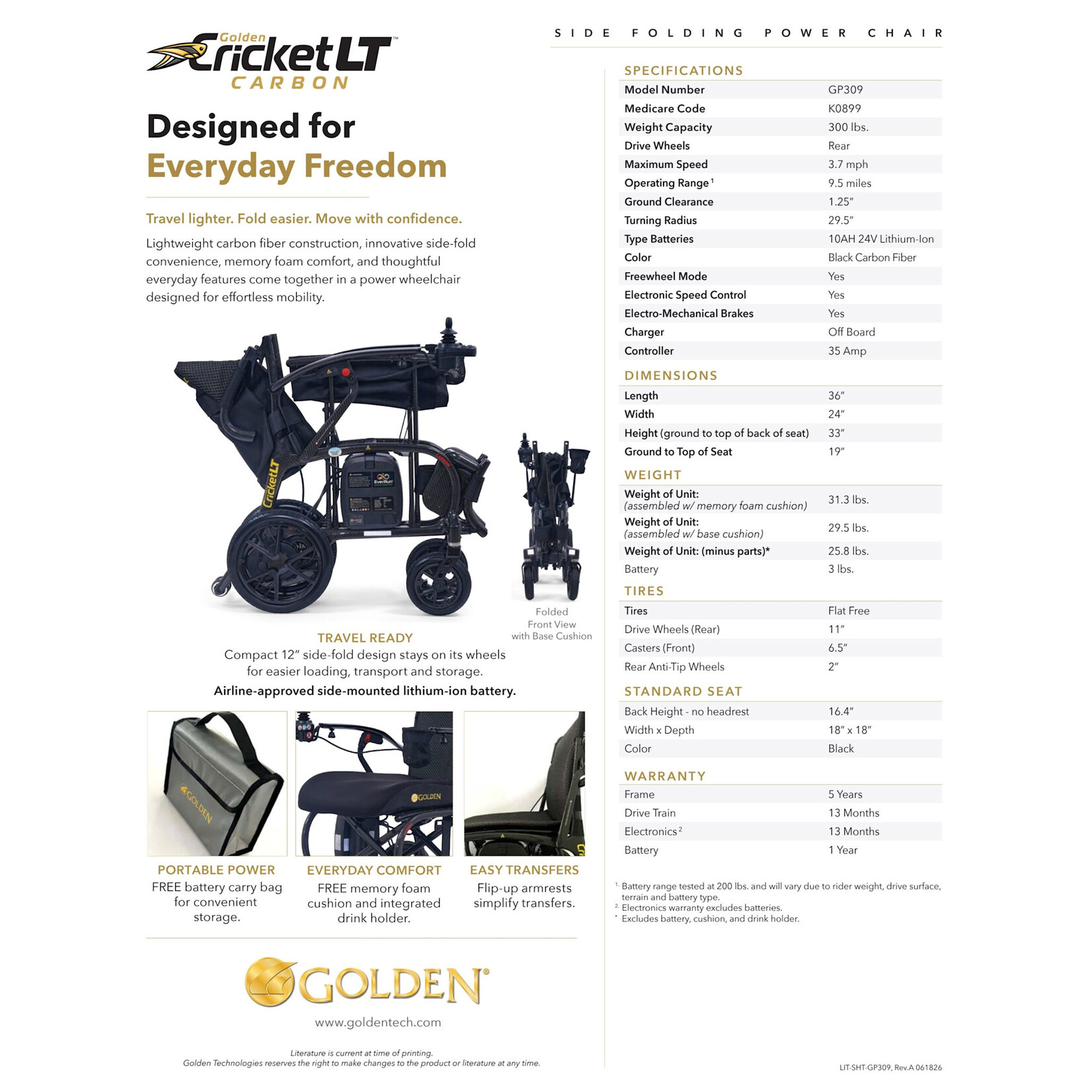 Golden Technologies Cricket LT Carbon Foldable Power Chair