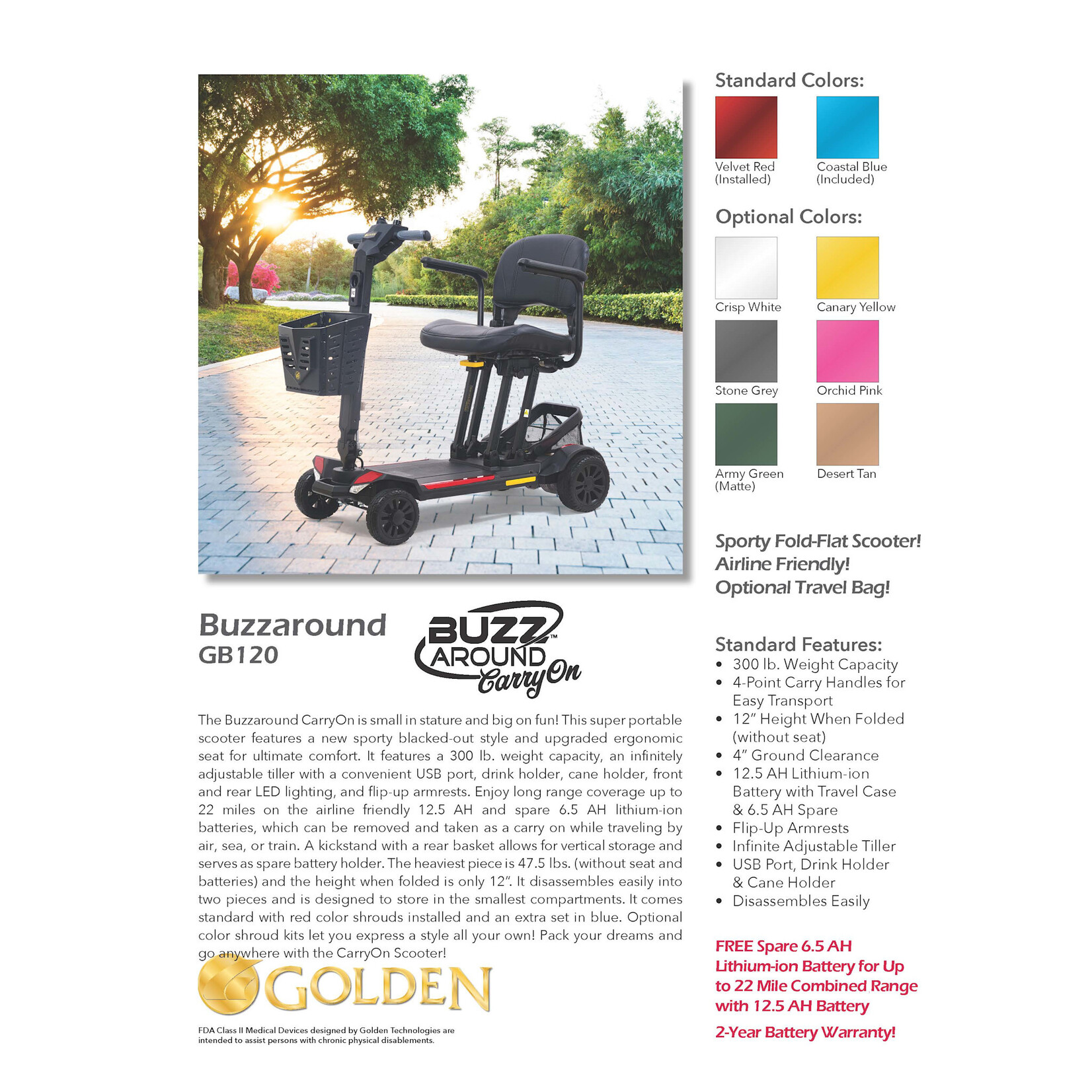 Golden Technologies Buzzaround CarryOn Foldable Scooter -Red and Blue