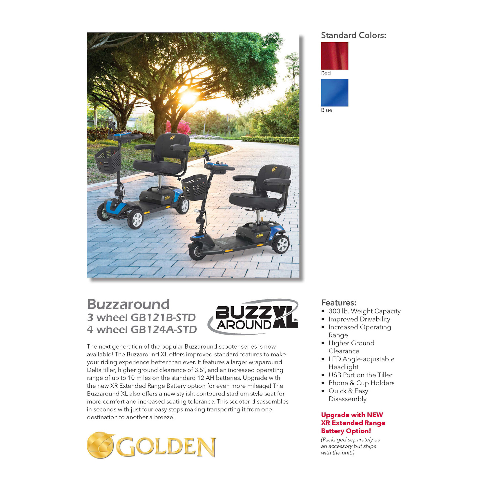 Golden Technologies BuzzAround XL, 3 wheel, Red and Blue