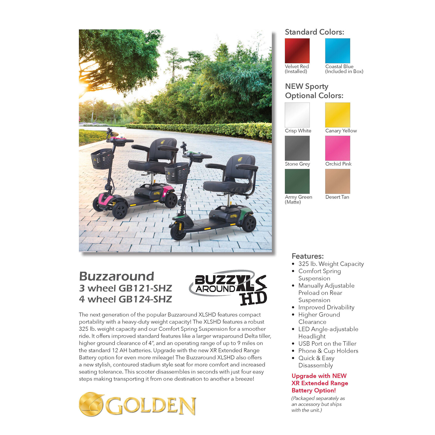 Golden Technologies BuzzAround XLS HD with Suspension, 3 wheel, Red and Blue