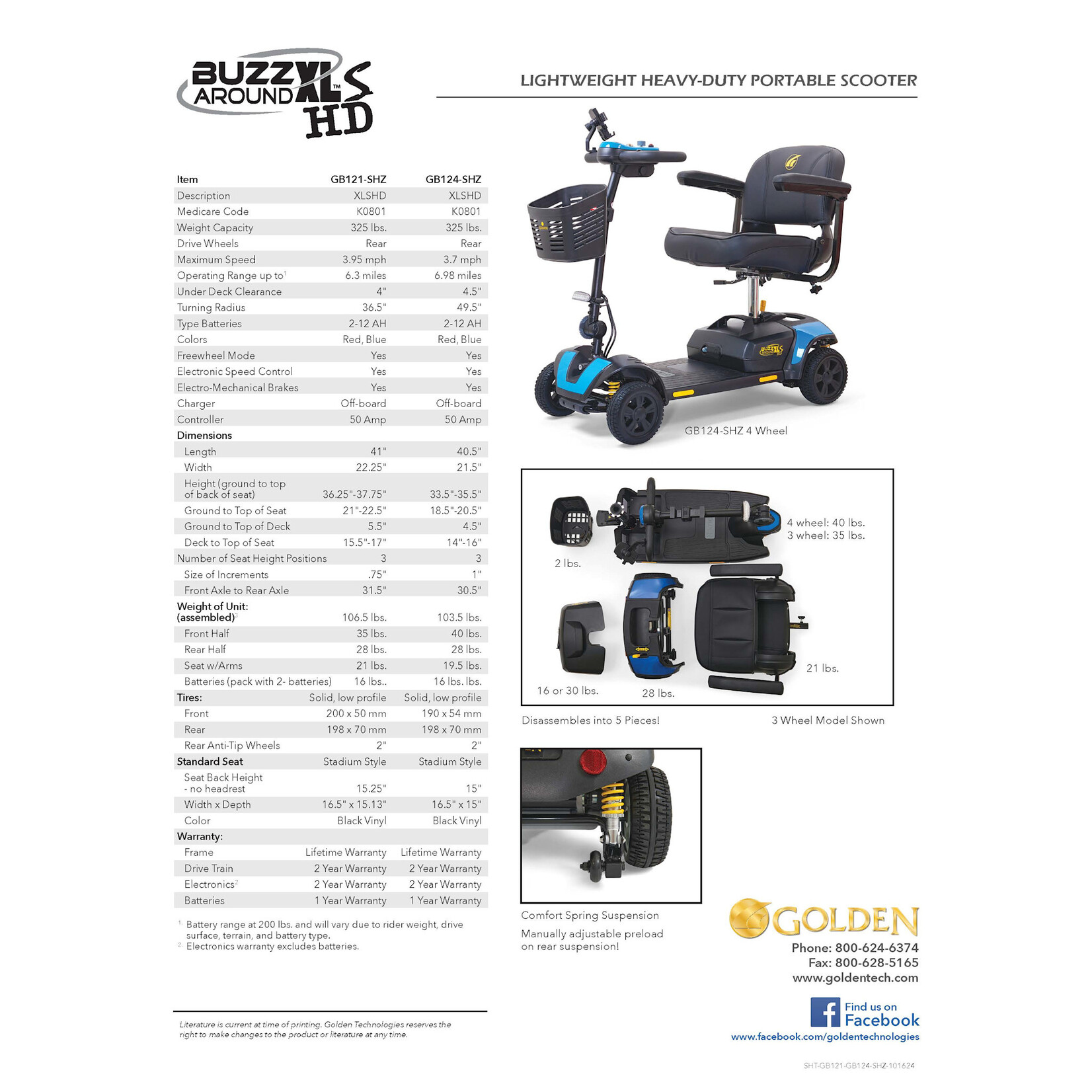Golden Technologies BuzzAround XLS HD with Suspension, 3 wheel, Red and Blue