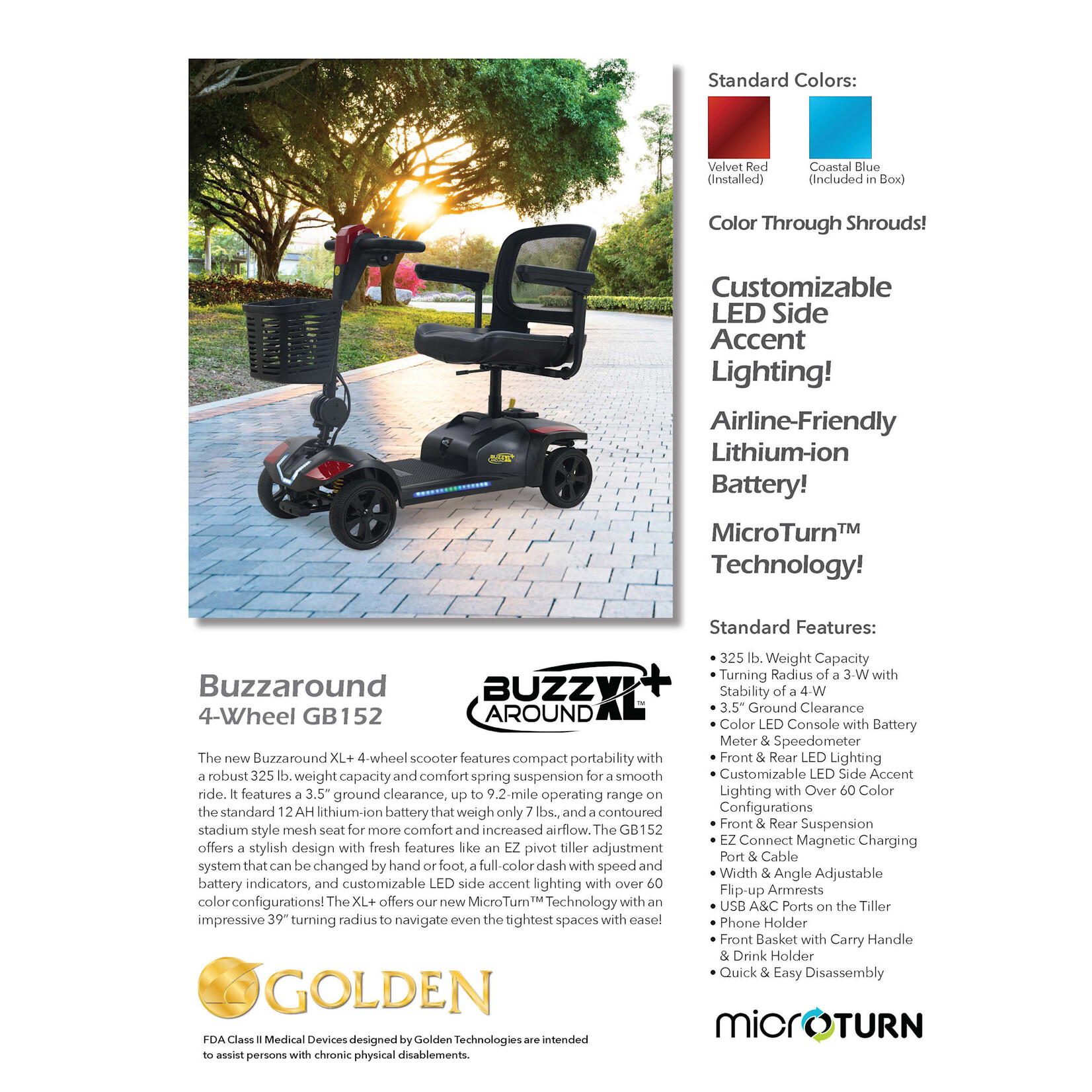 Golden Technologies BuzzAround XL with Suspension, 4 wheel, Red and Blue