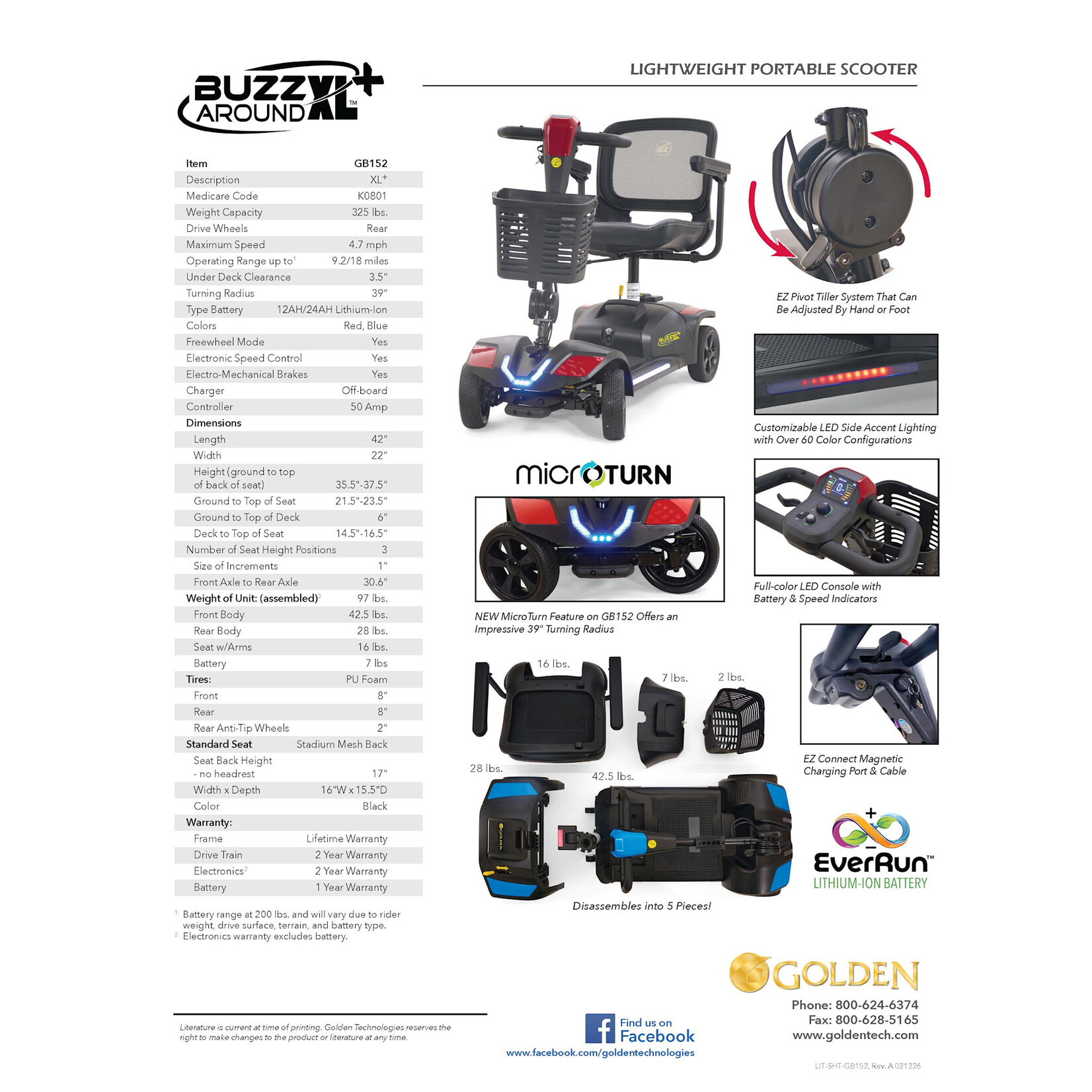 Golden Technologies BuzzAround XL with Suspension, 4 wheel, Red and Blue