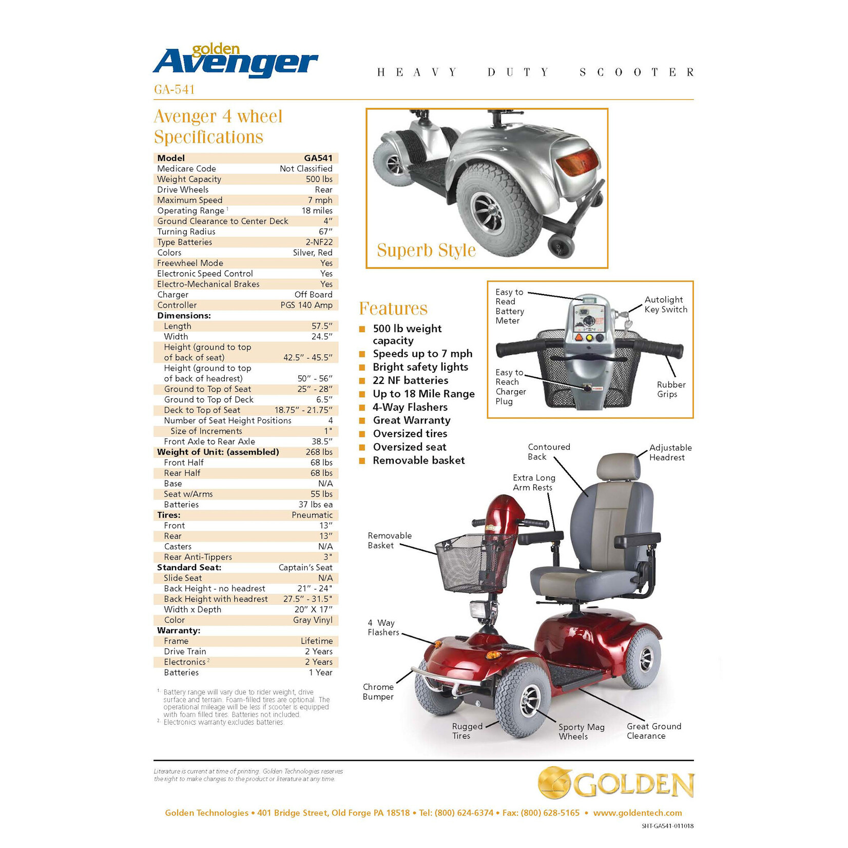 Golden Technologies Avenger 4 Wheel - 500 lbs. Capacity – Batteries Not Included