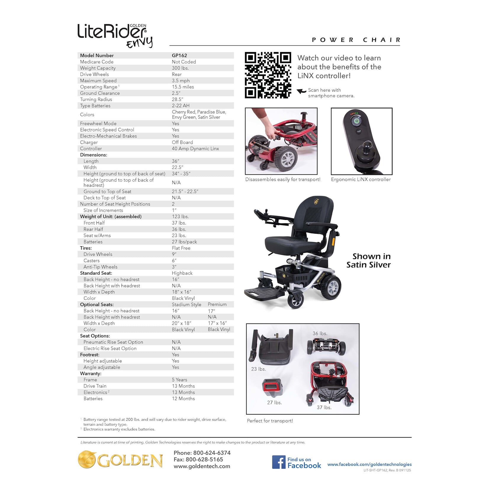 Golden Technologies LiteRider Envy Electric Wheelchair, Satin Silver