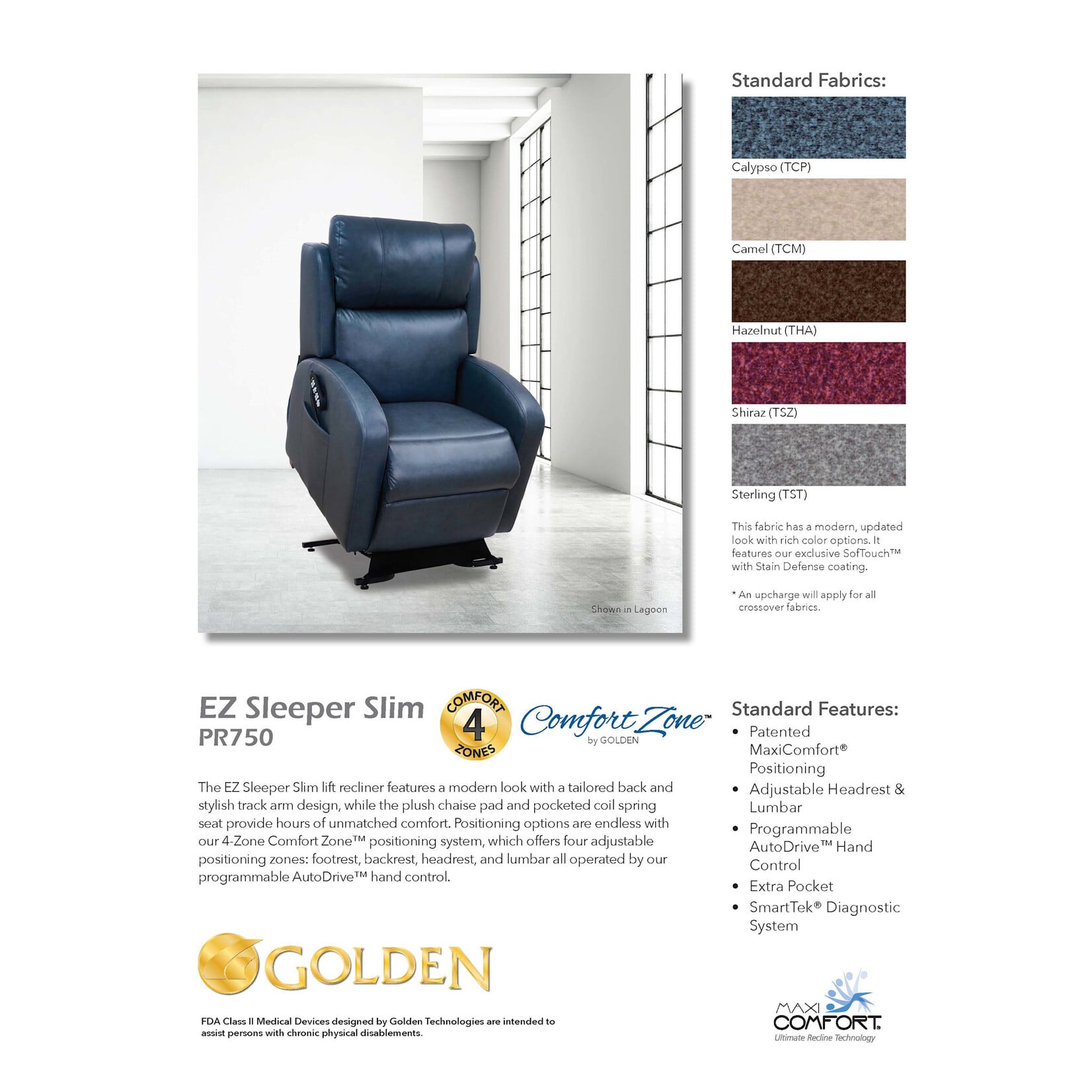 Golden Technologies 4 Zone Lift Chair: EZ Sleeper Slim Medium