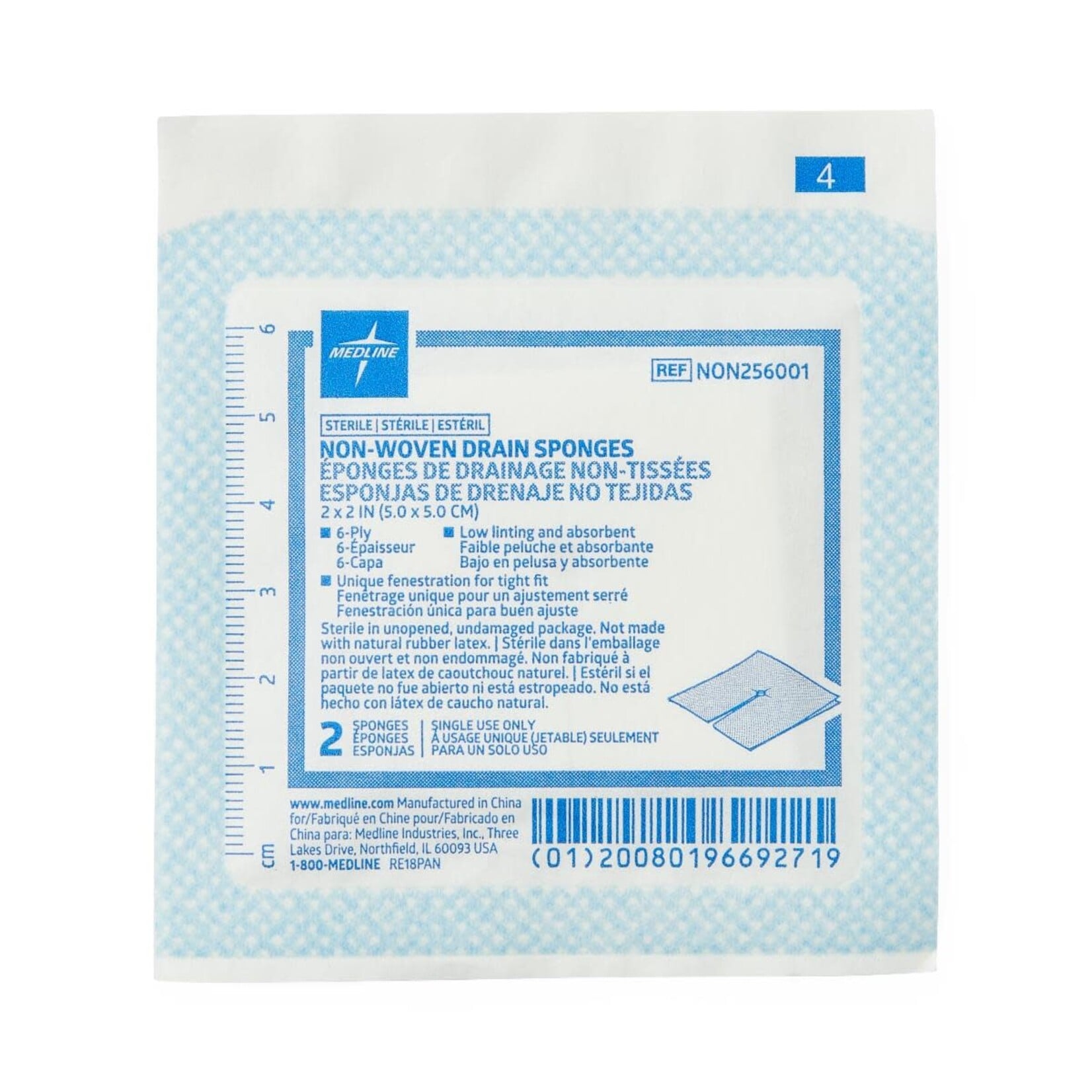 Medline Drain Sponges, 6-ply, 2" x 2" - 25 pkgs of 2 per box