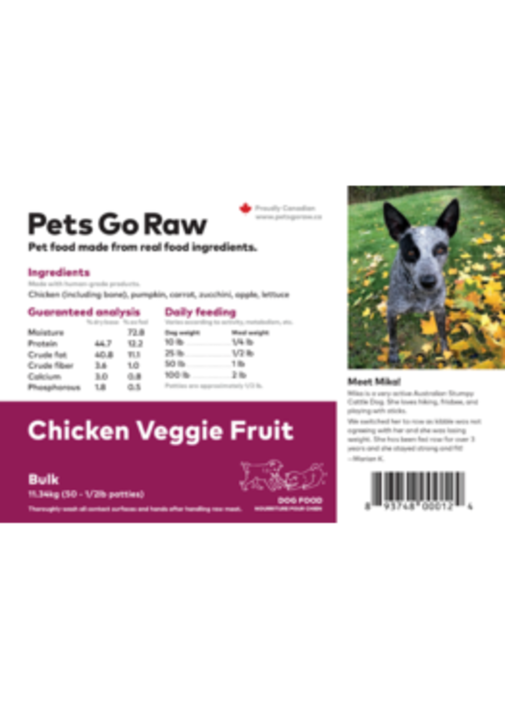 Pets Go Raw Pets Go Raw Chicken Veggie/Fruit Bulk 25lbs (1/2lbs)