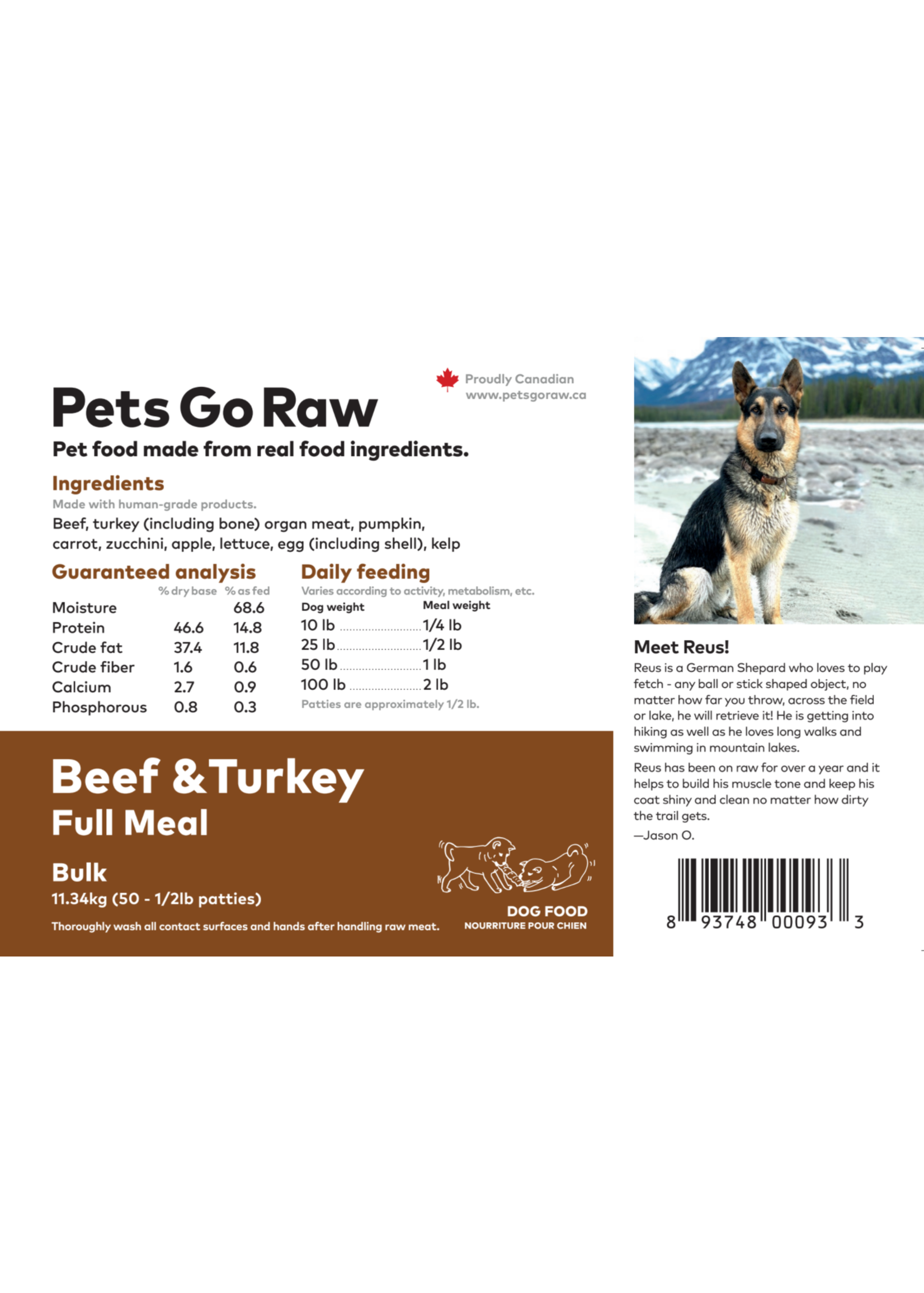 Pets Go Raw Pets Go Raw Beef/Turkey Blend Full Meal Bulk 25lbs (1/2lb)