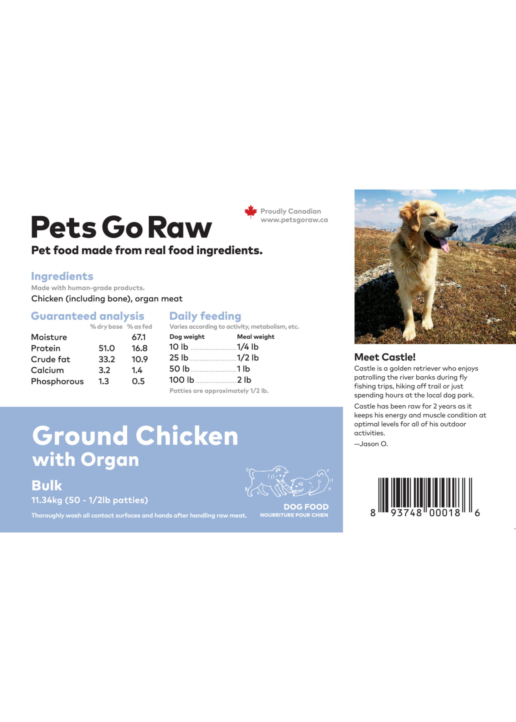 Pets Go Raw Pets Go Raw Ground Chicken w/Organ Meat Bulk 25lbs (1/2lb)