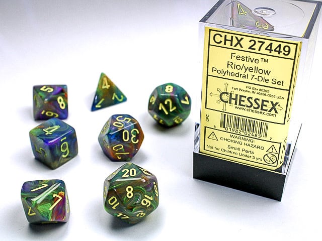 Chessex Chessex - 7 Dés Polyédriques - Festive - Rio et jaune