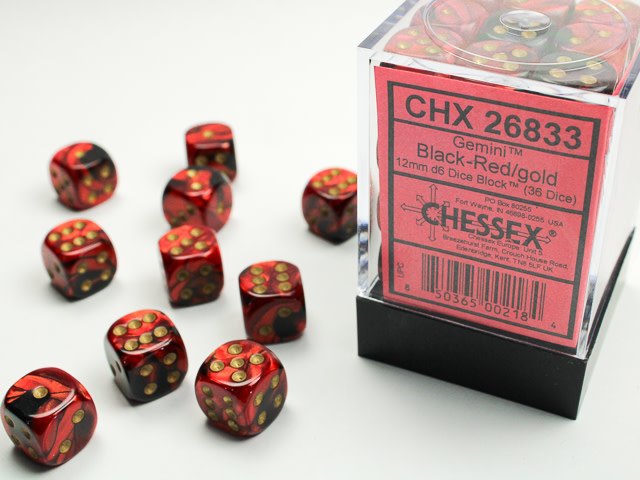 Chessex Chessex - 36d6 12mm Gemini - Noir/Rouge et or