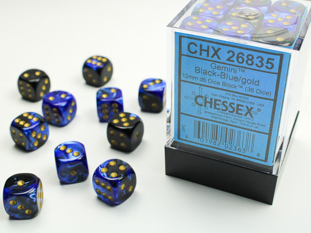 Chessex Chessex - 36d6 12mm Gemini - Noir/Bleu et or