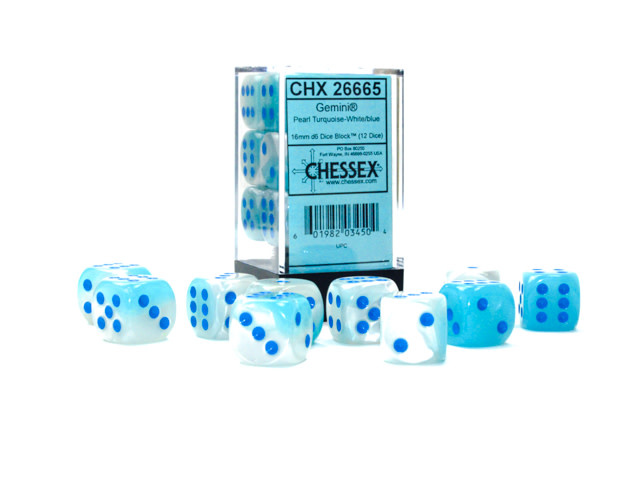 Chessex Chessex - 12d6 16mm Gemini - Perle Turquoise/Blanc et Bleu