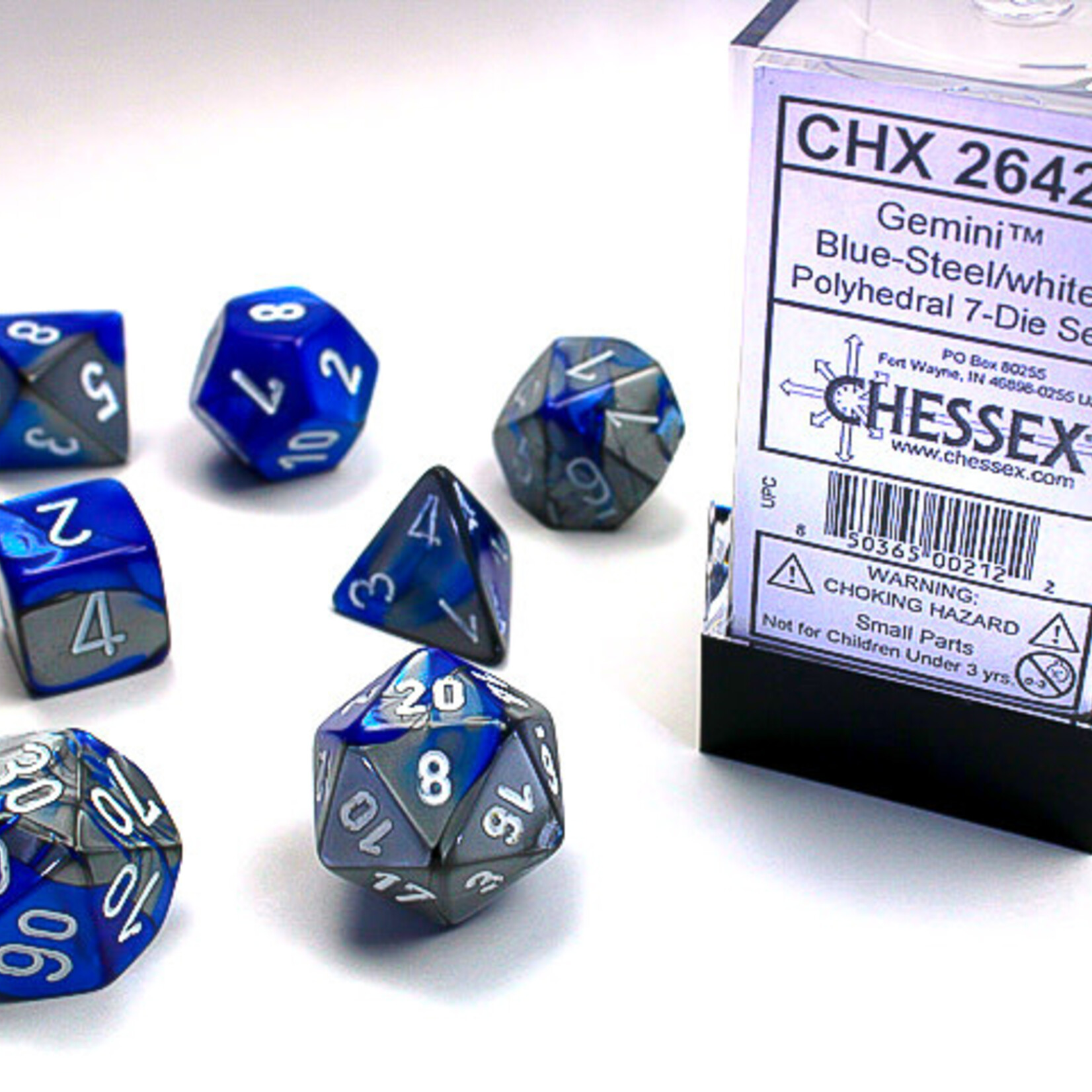 Chessex Chessex - 7 Dés Gemini - Bleu/Acier et Blanc