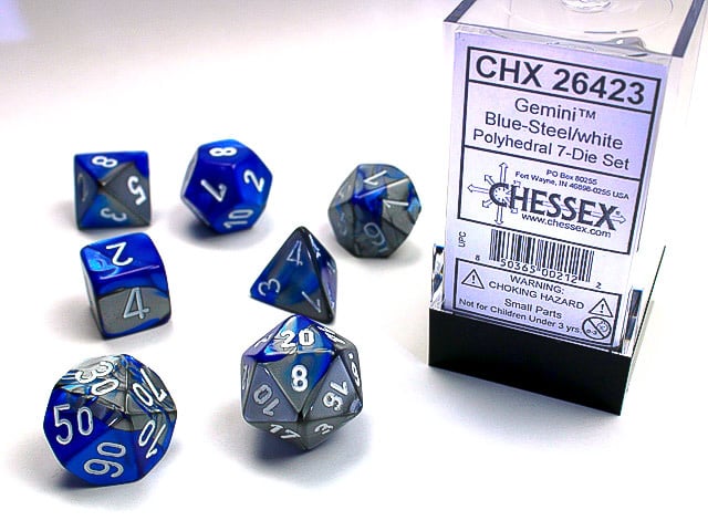 Chessex Chessex - 7 Dés Gemini - Bleu/Acier et Blanc