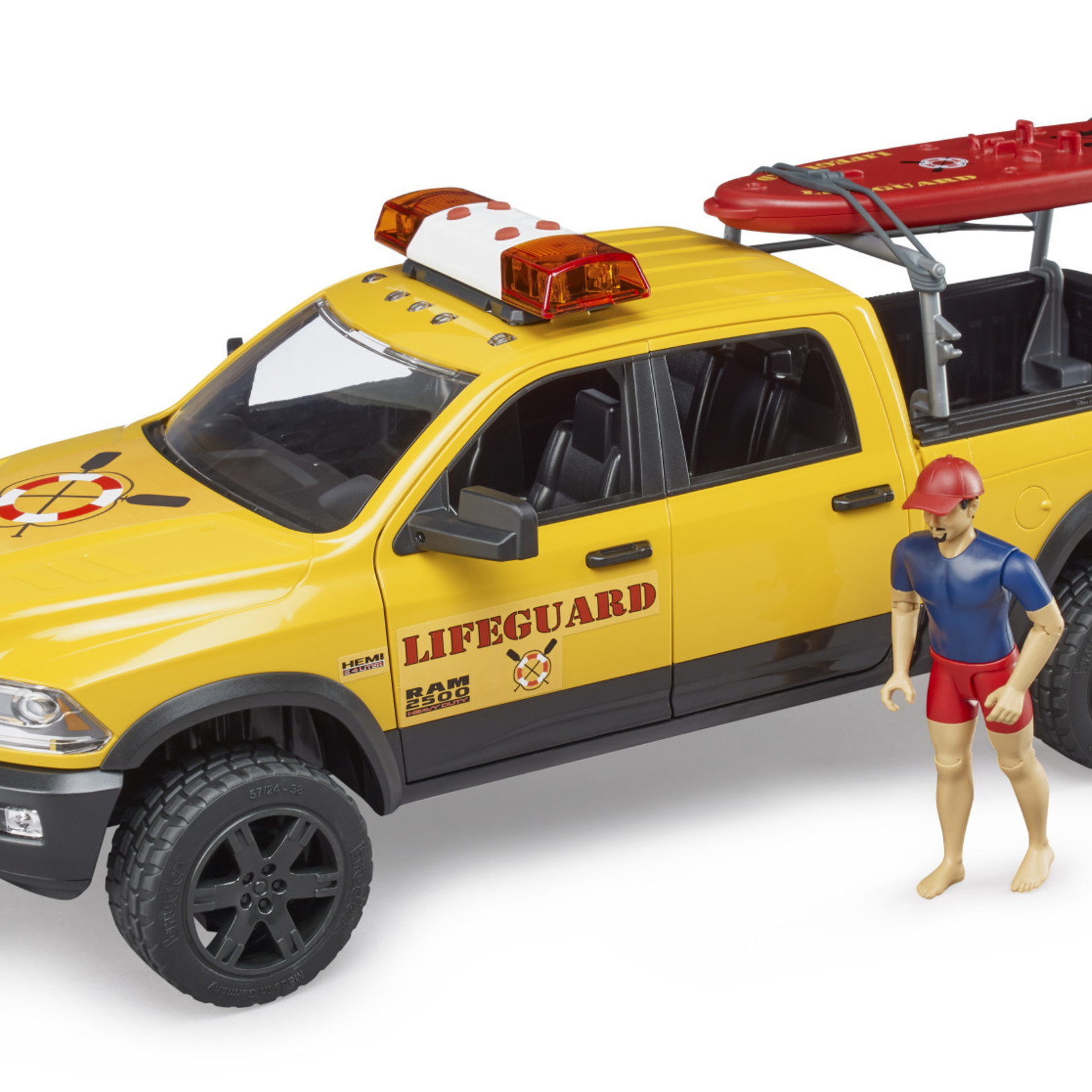 Bruder Bruder 02506 - Power Wagon RAM 2500 pour maître-nageur avec figurine, Stand Up Paddle et module son et lumière