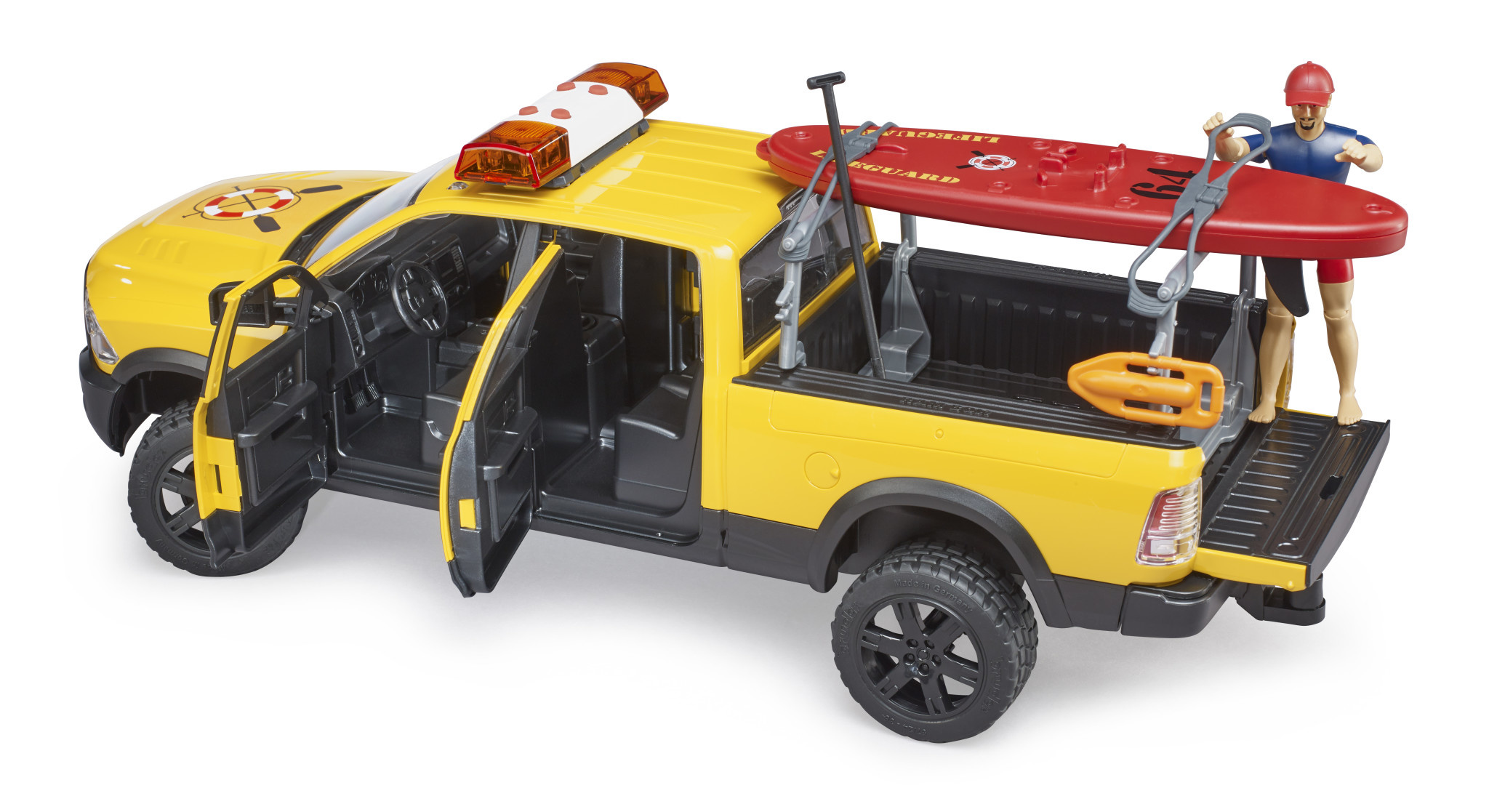 Bruder Bruder 02506 - Power Wagon RAM 2500 pour maître-nageur avec figurine, Stand Up Paddle et module son et lumière