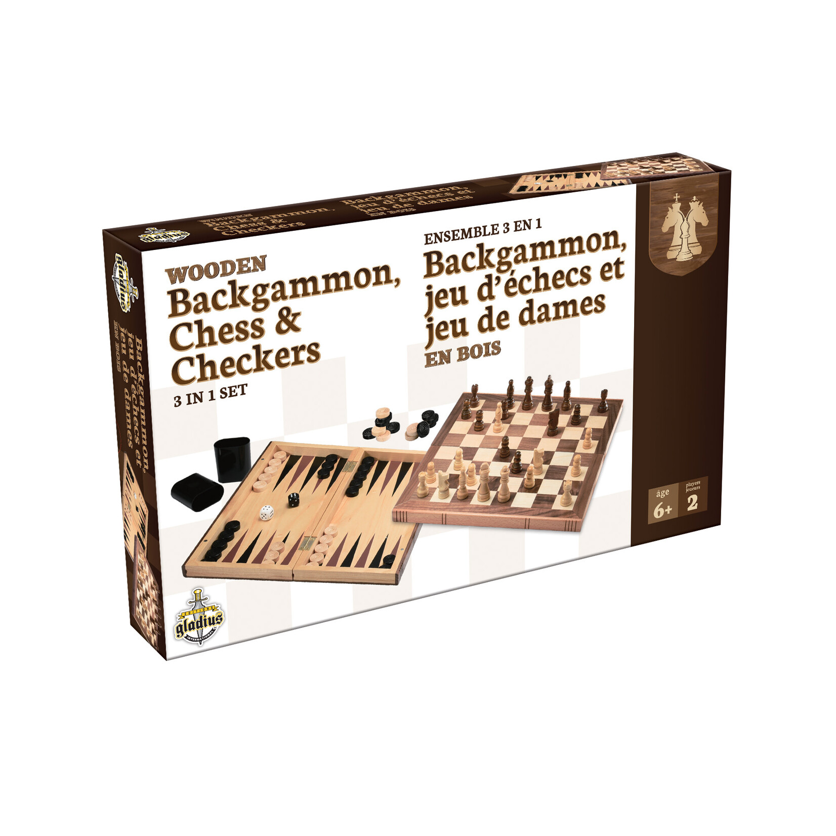 Gladius Backgammon, jeux d’échecs et de dames en bois – Ensemble 3-en-1