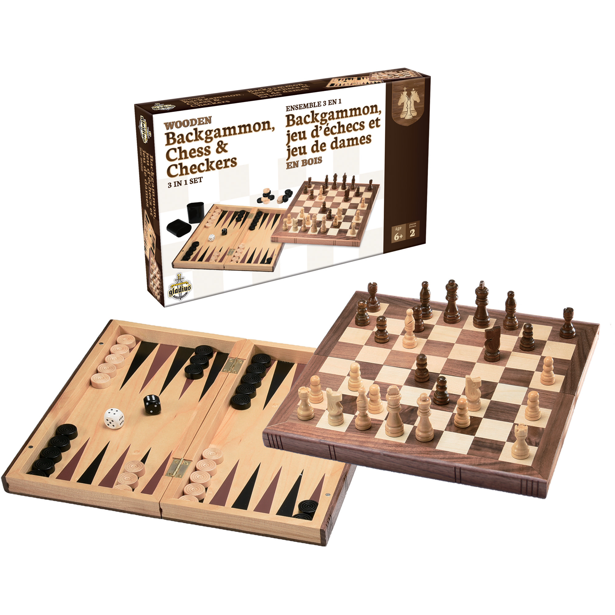 Gladius Backgammon, jeux d’échecs et de dames en bois – Ensemble 3-en-1