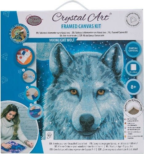 Craft Buddy Crystal Art Tableau à diamanter sur châssis de bois 30 x 30 cm Moonlight Wolf