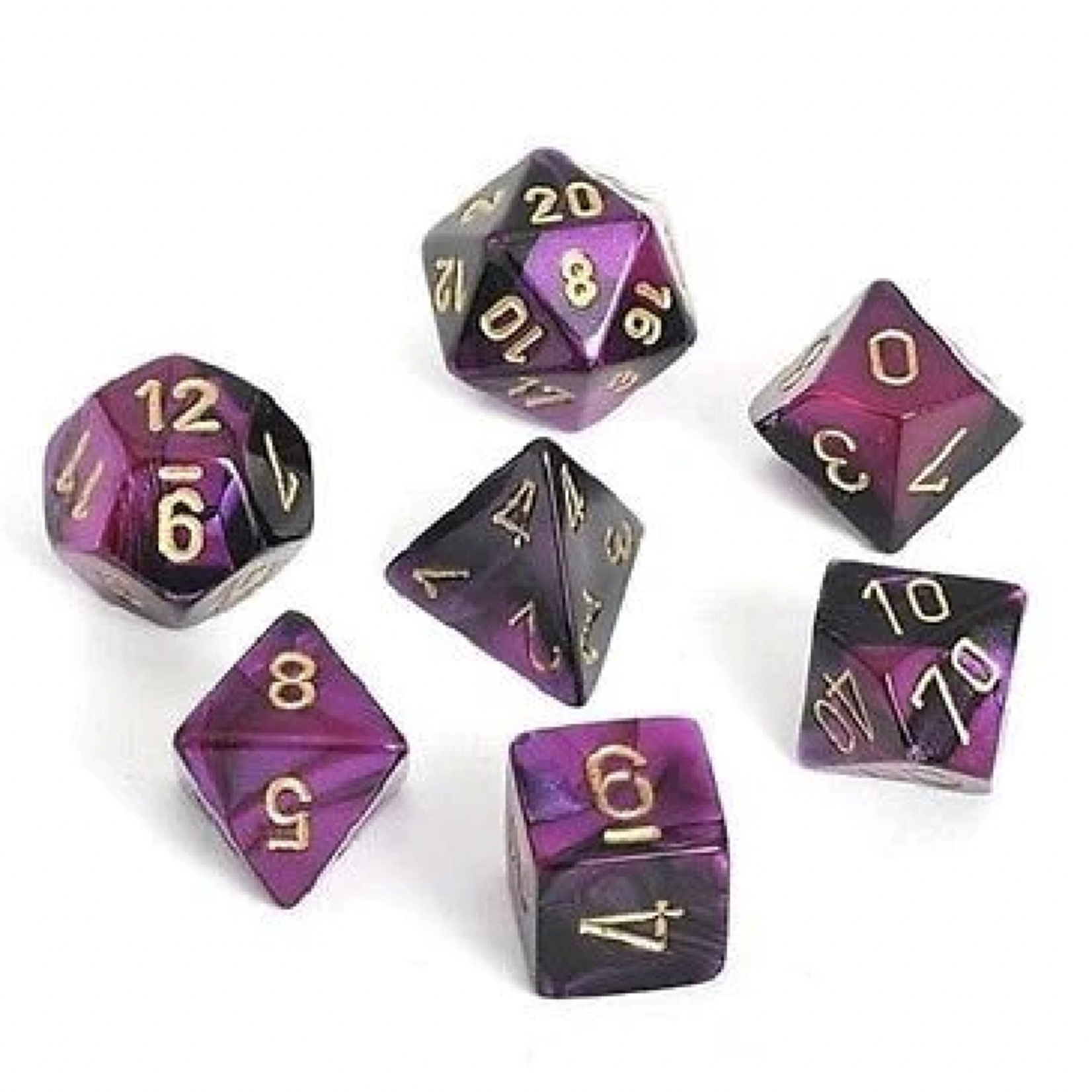 Chessex Chessex - 7 dés Gemini  Noir/Violet avec chiffre doré