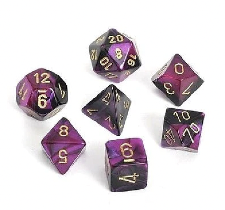 Chessex Chessex - 7 dés Gemini  Noir/Violet avec chiffre doré
