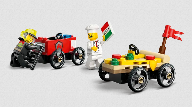 Lego Lego 60458 City - Ensemble de course La voiture-pizza contre le camion de pompiers